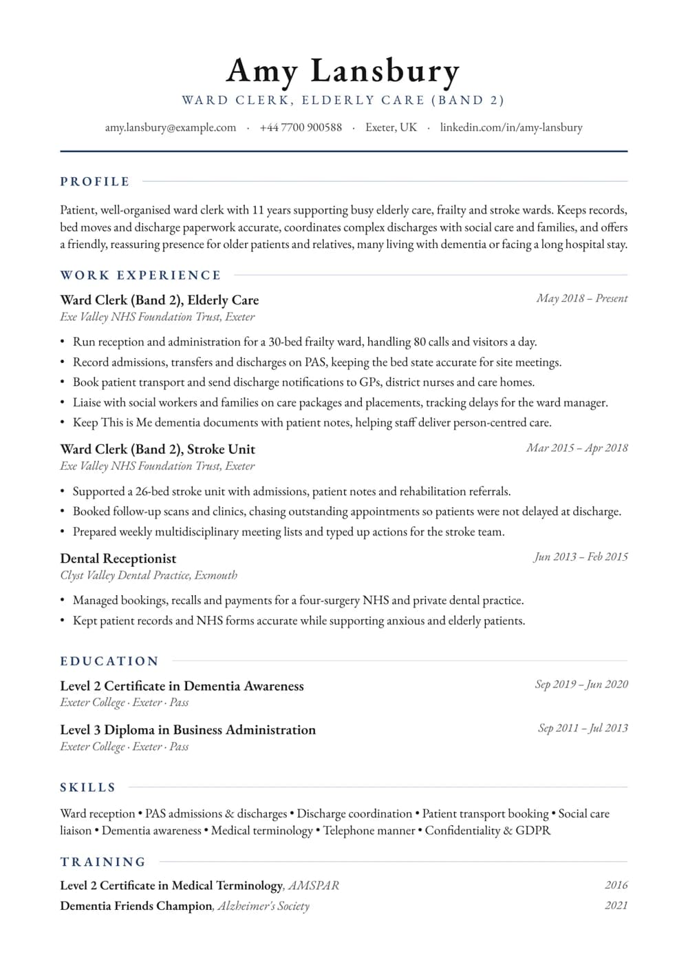 Elderly Care Ward Clerk CV template