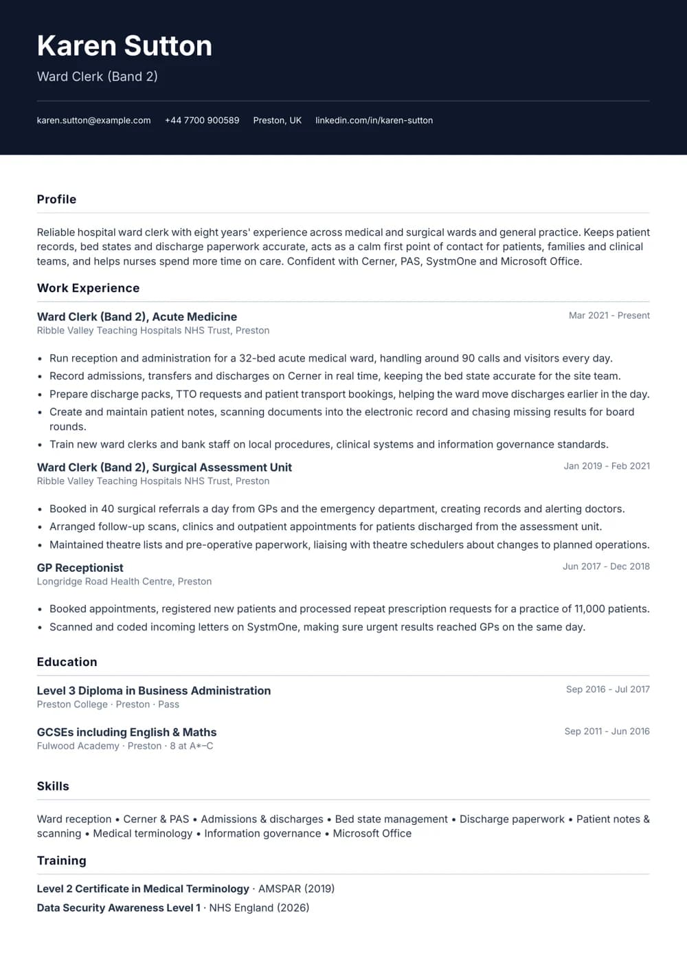 Hospital Ward Clerk CV template