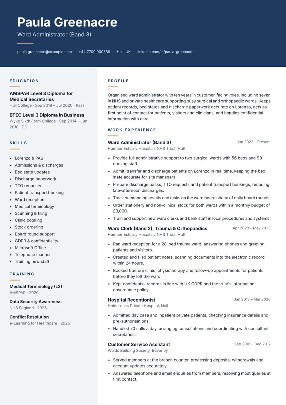 Ward Administrator CV template