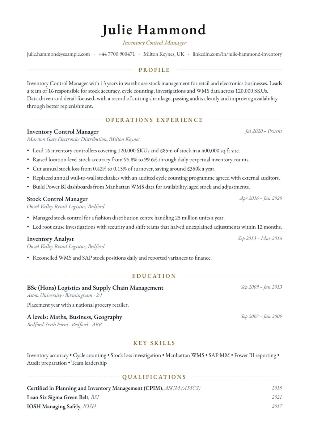 Inventory Control Manager CV template