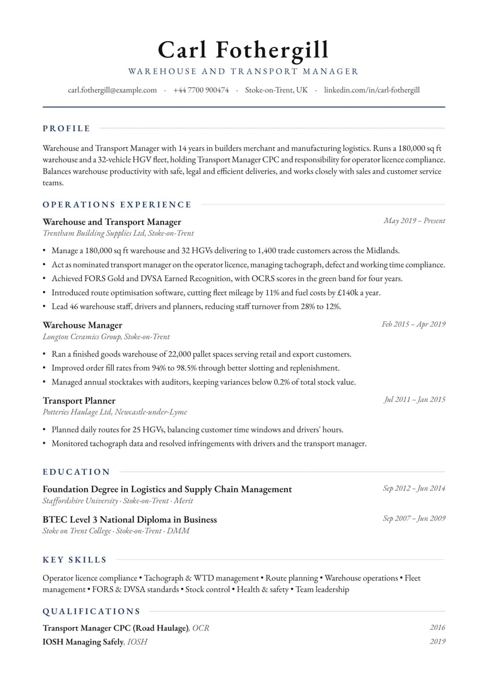 Warehouse and Transport Manager CV template