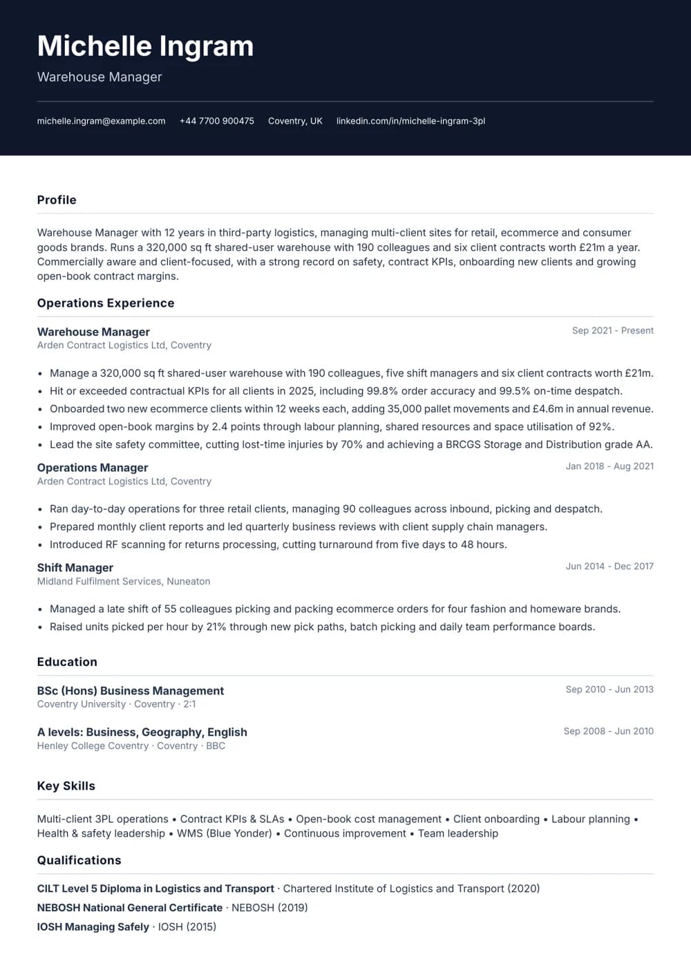 3PL Warehouse Manager CV template