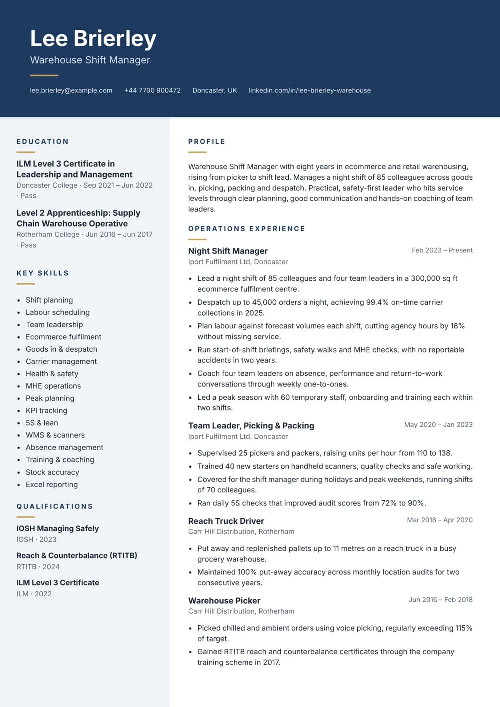Warehouse Shift Manager CV template