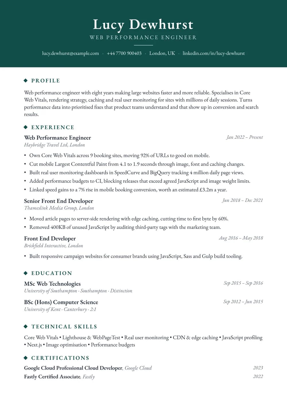 Web Performance Engineer CV template