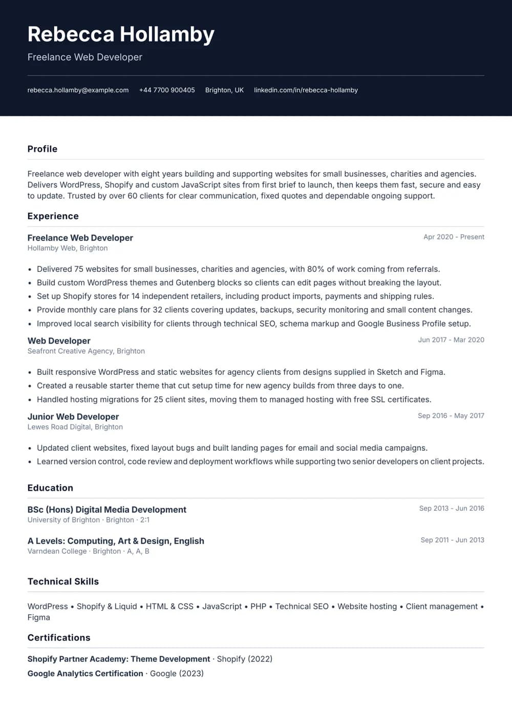 Freelance Web Developer CV template