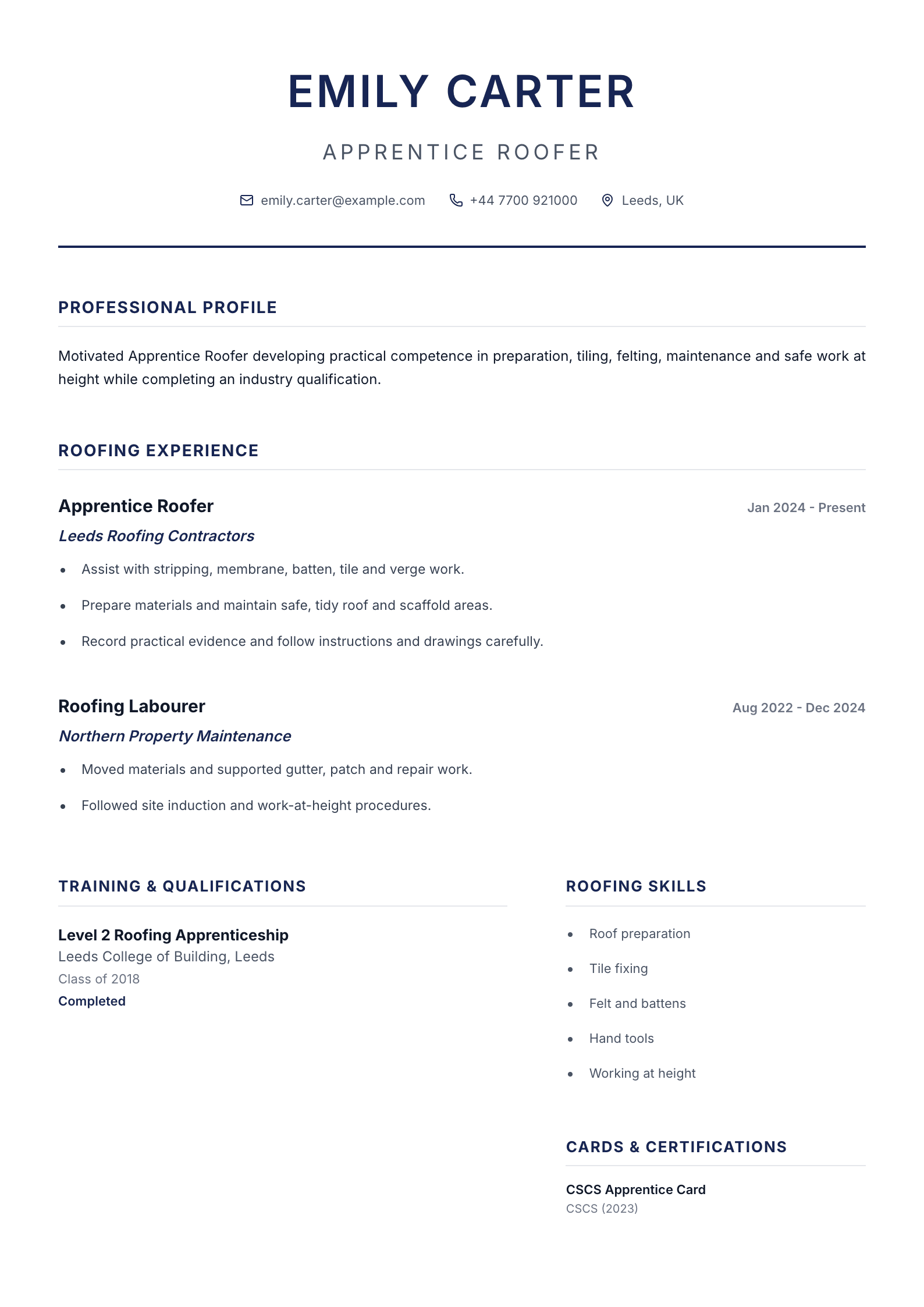 Apprentice Roofer CV template