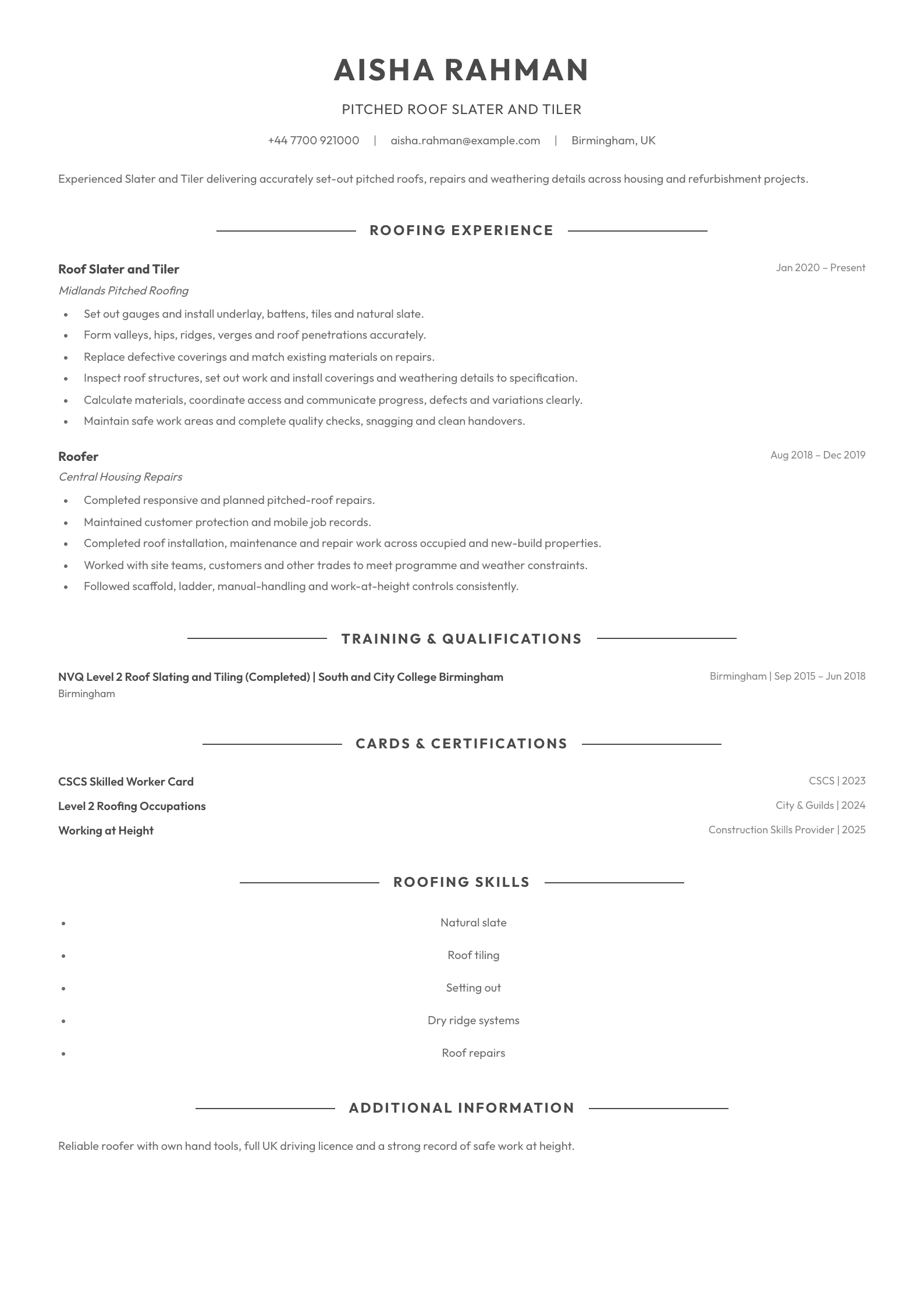 Roof Slater and Tiler CV template