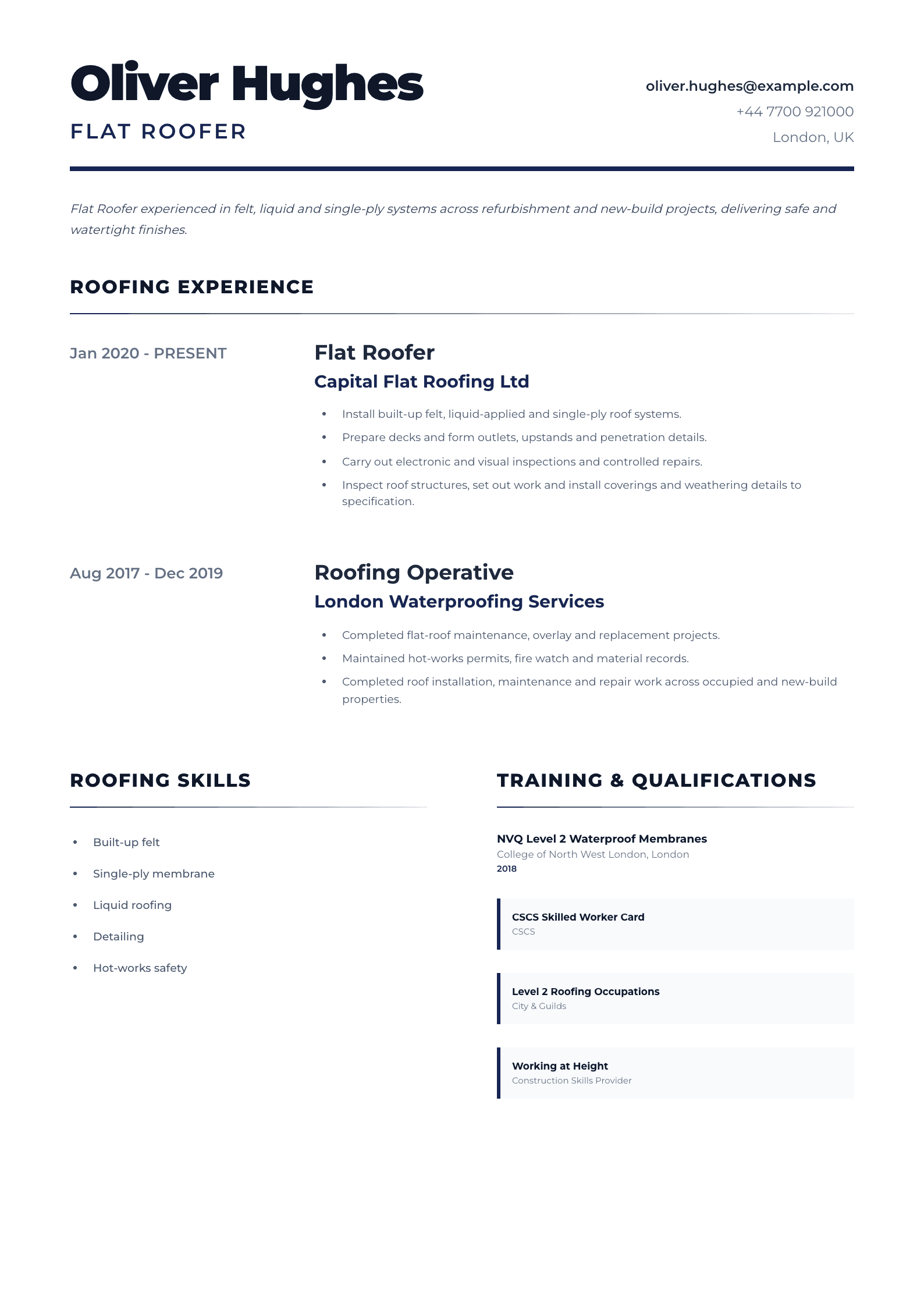 Flat Roofer CV template