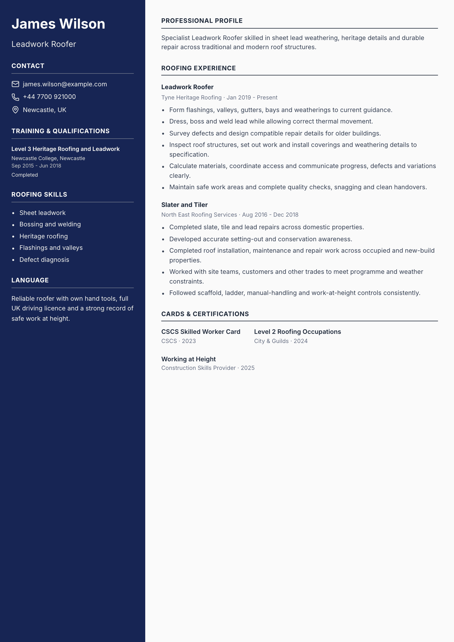 Leadwork Roofer CV template