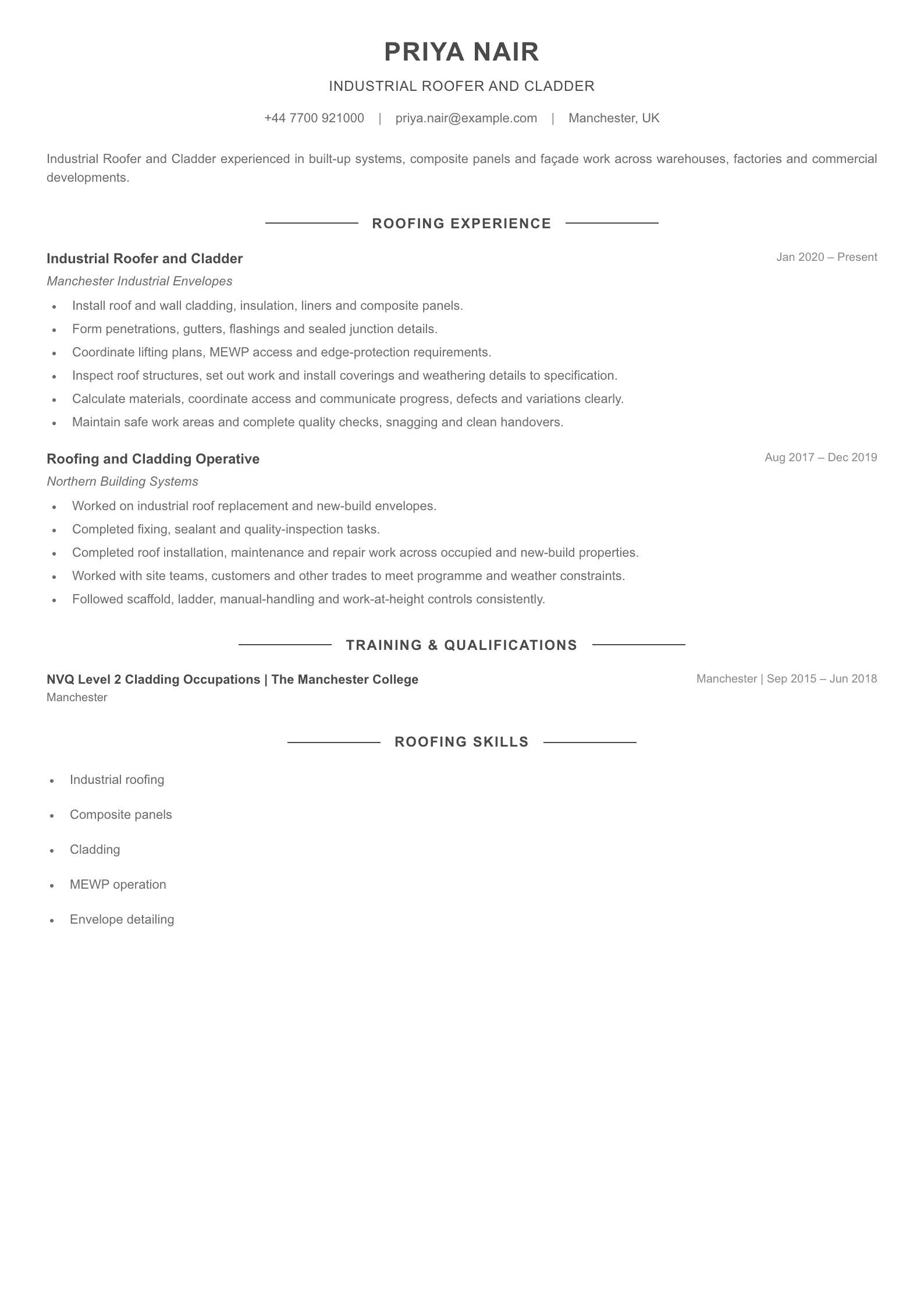 Industrial Roofer and Cladder CV template
