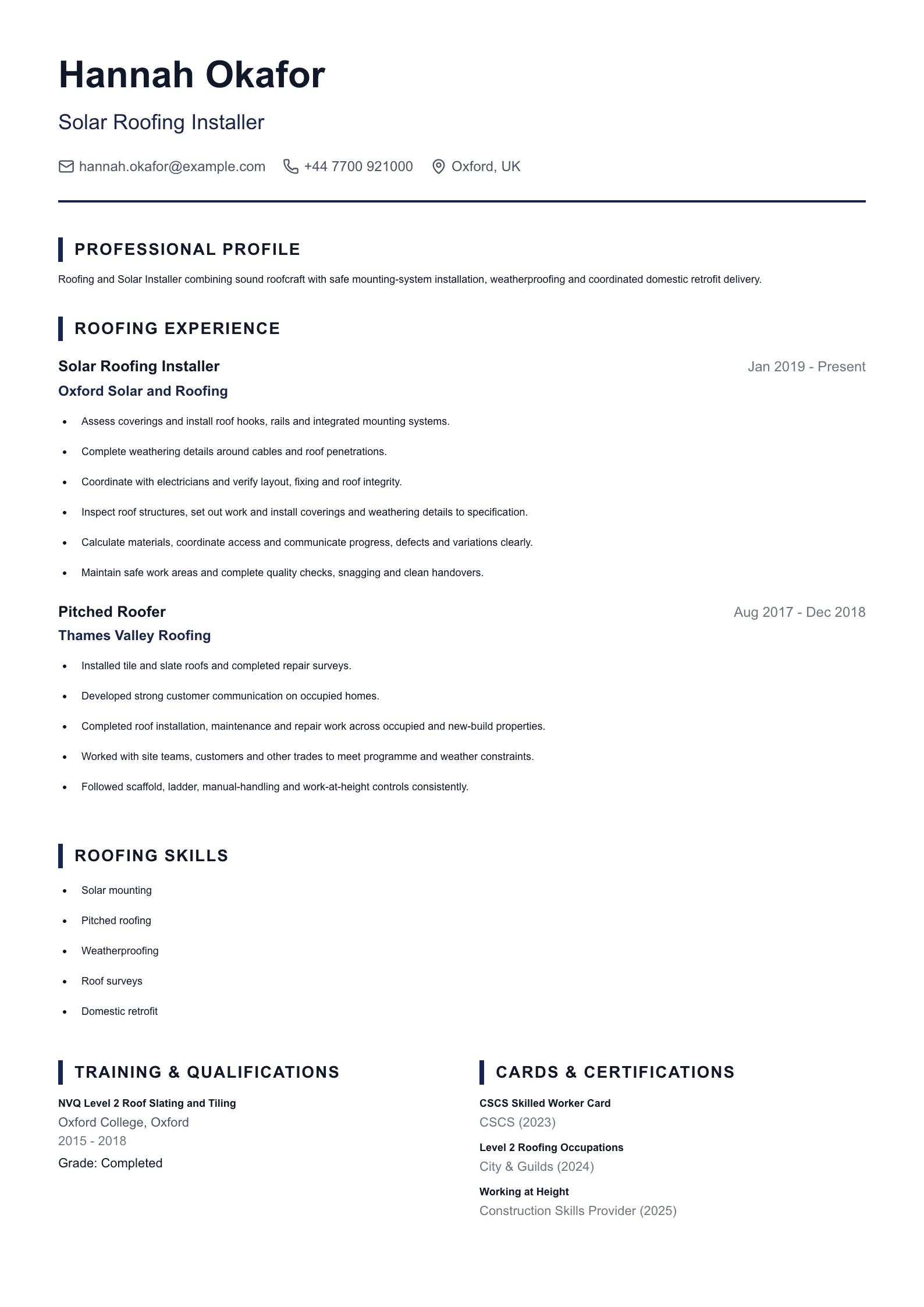 Solar Roofing Installer CV template