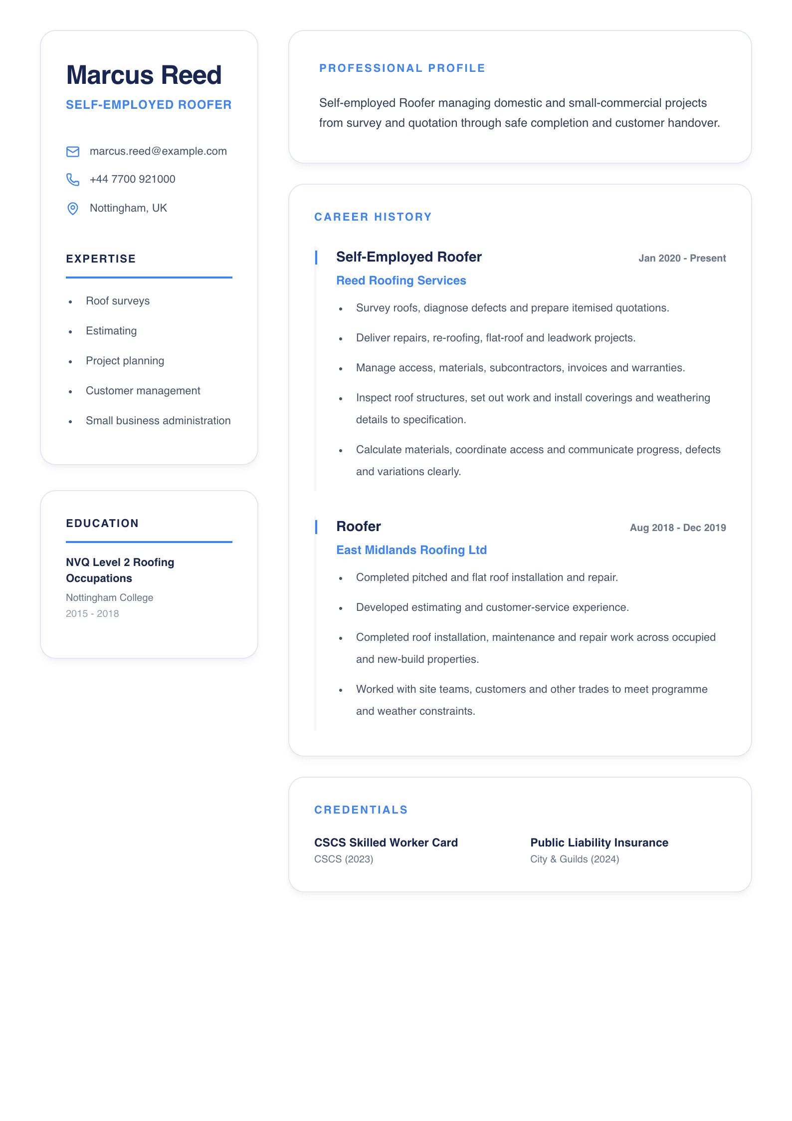 Self-Employed Roofer CV template