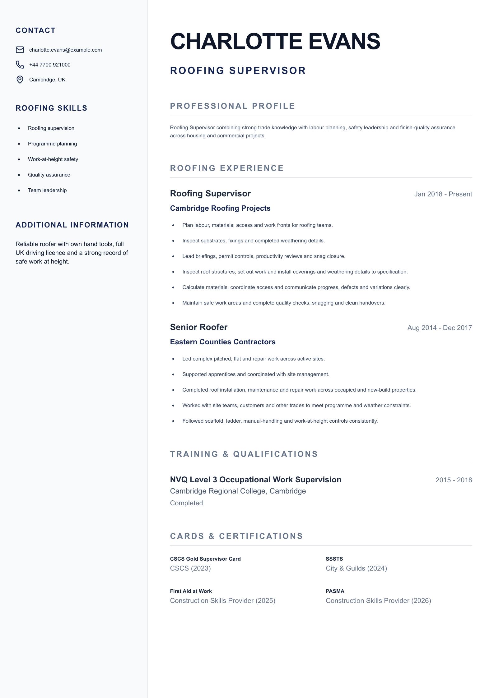 Roofing Supervisor CV template