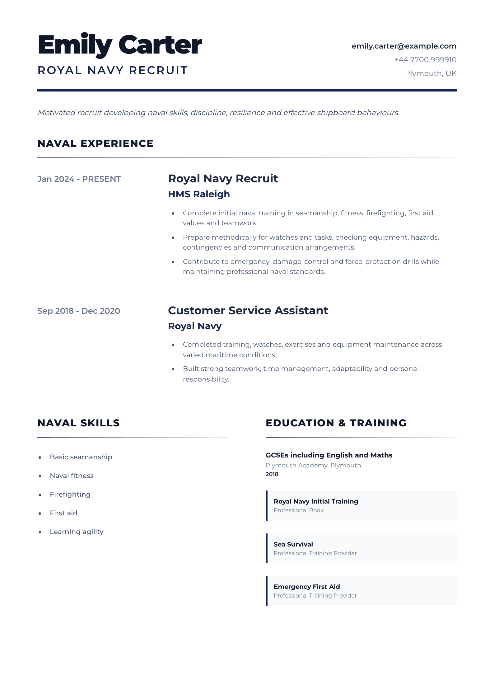 Royal Navy Recruit CV template