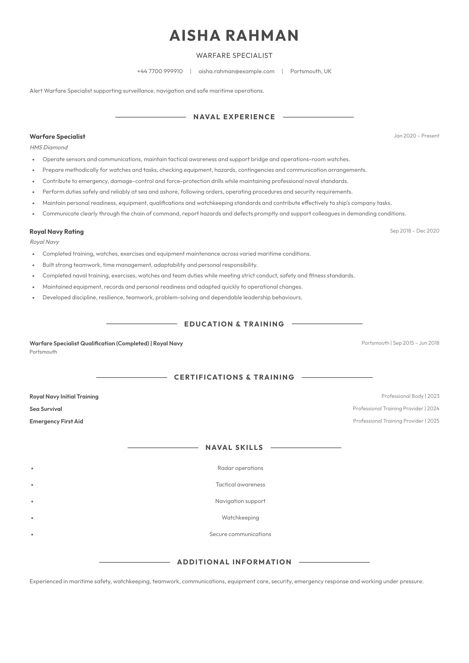 Warfare Specialist CV template