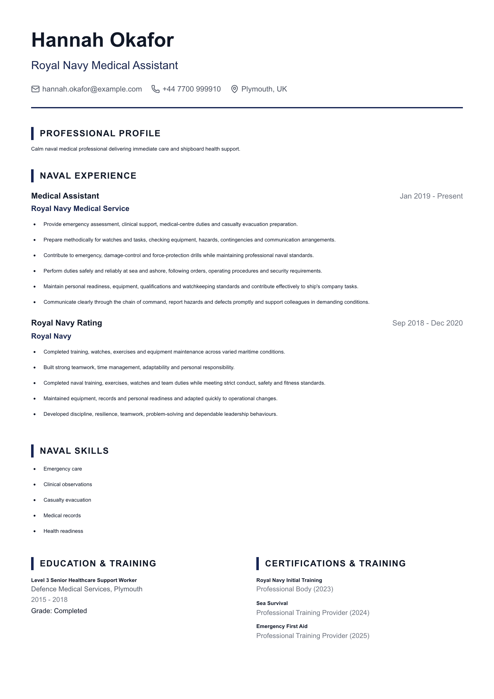 Royal Navy Medical Assistant CV template