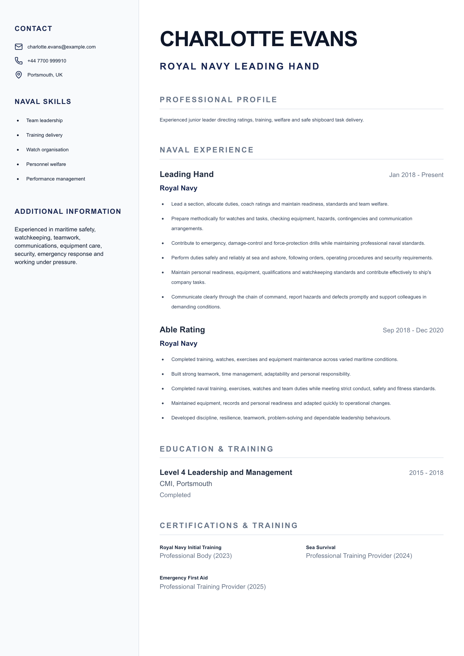 Royal Navy Leading Hand CV template