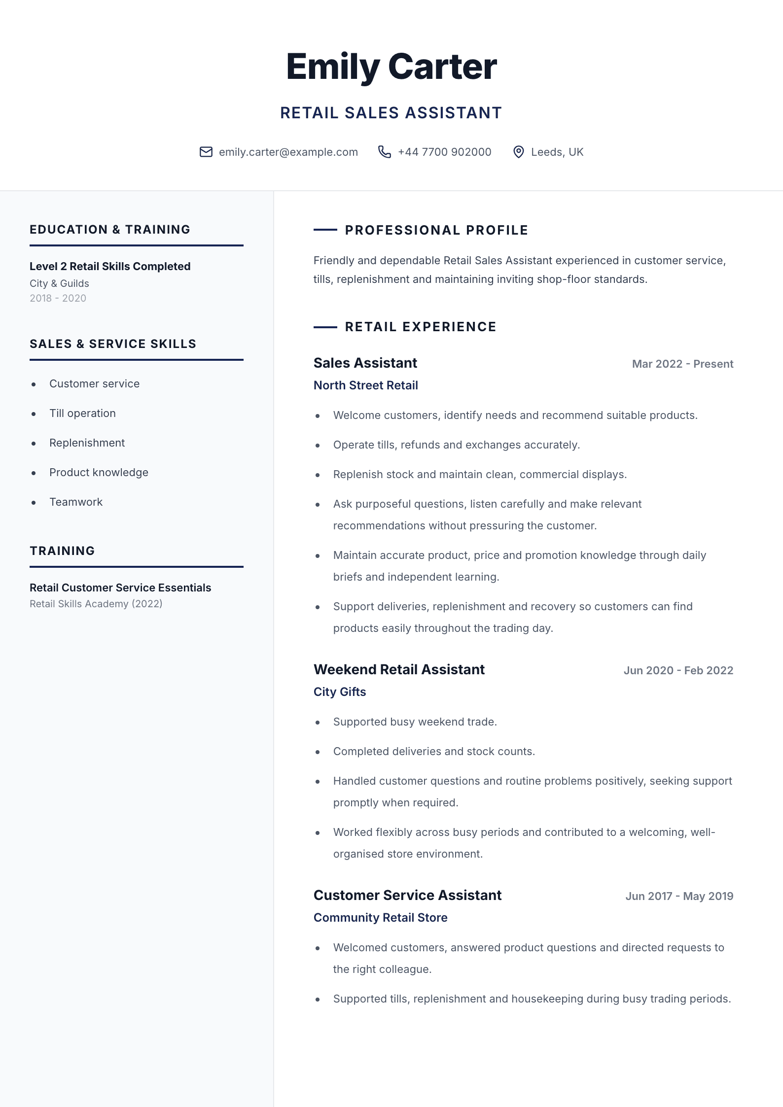 Retail Sales Assistant CV template
