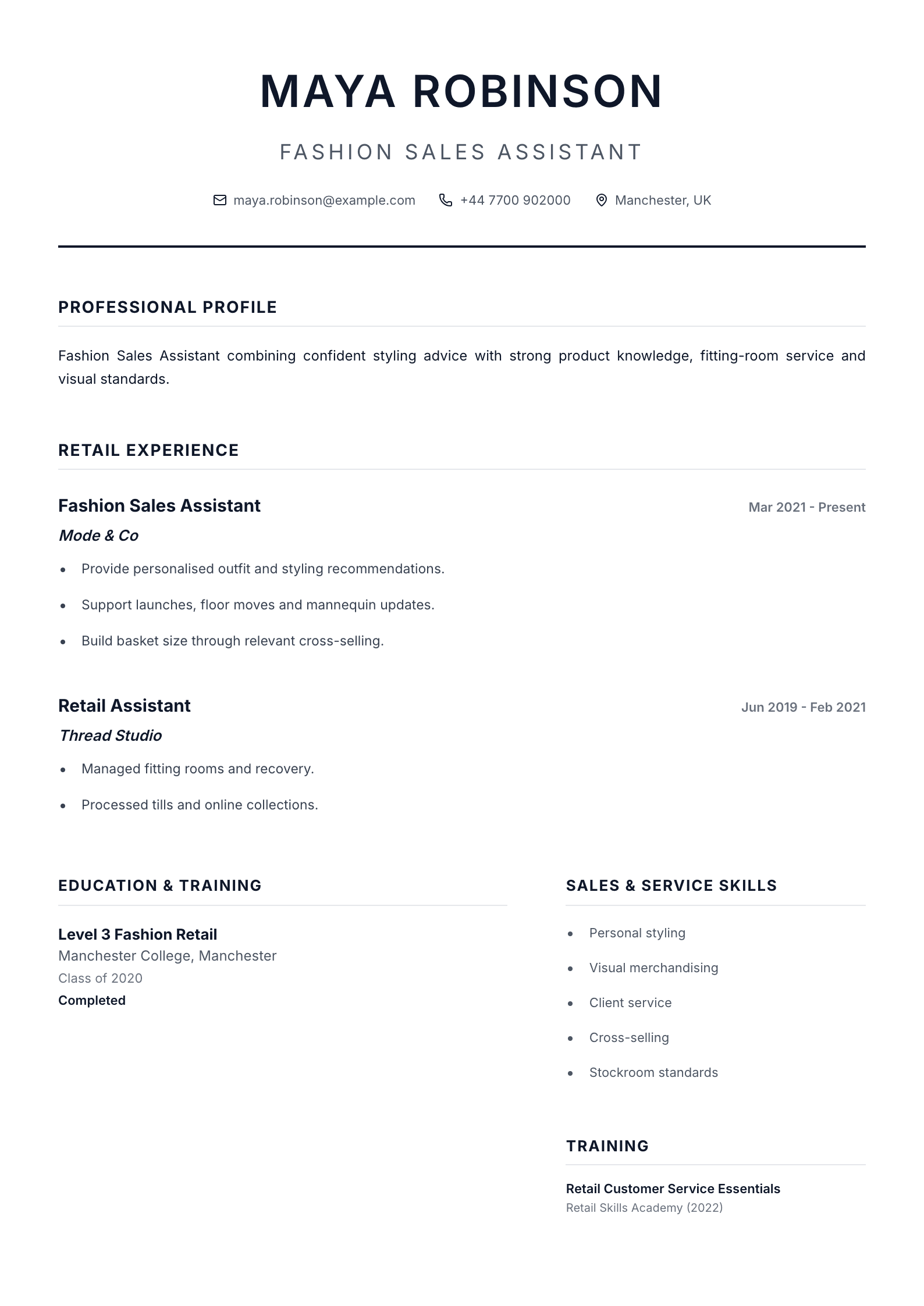 Fashion Sales Assistant CV template