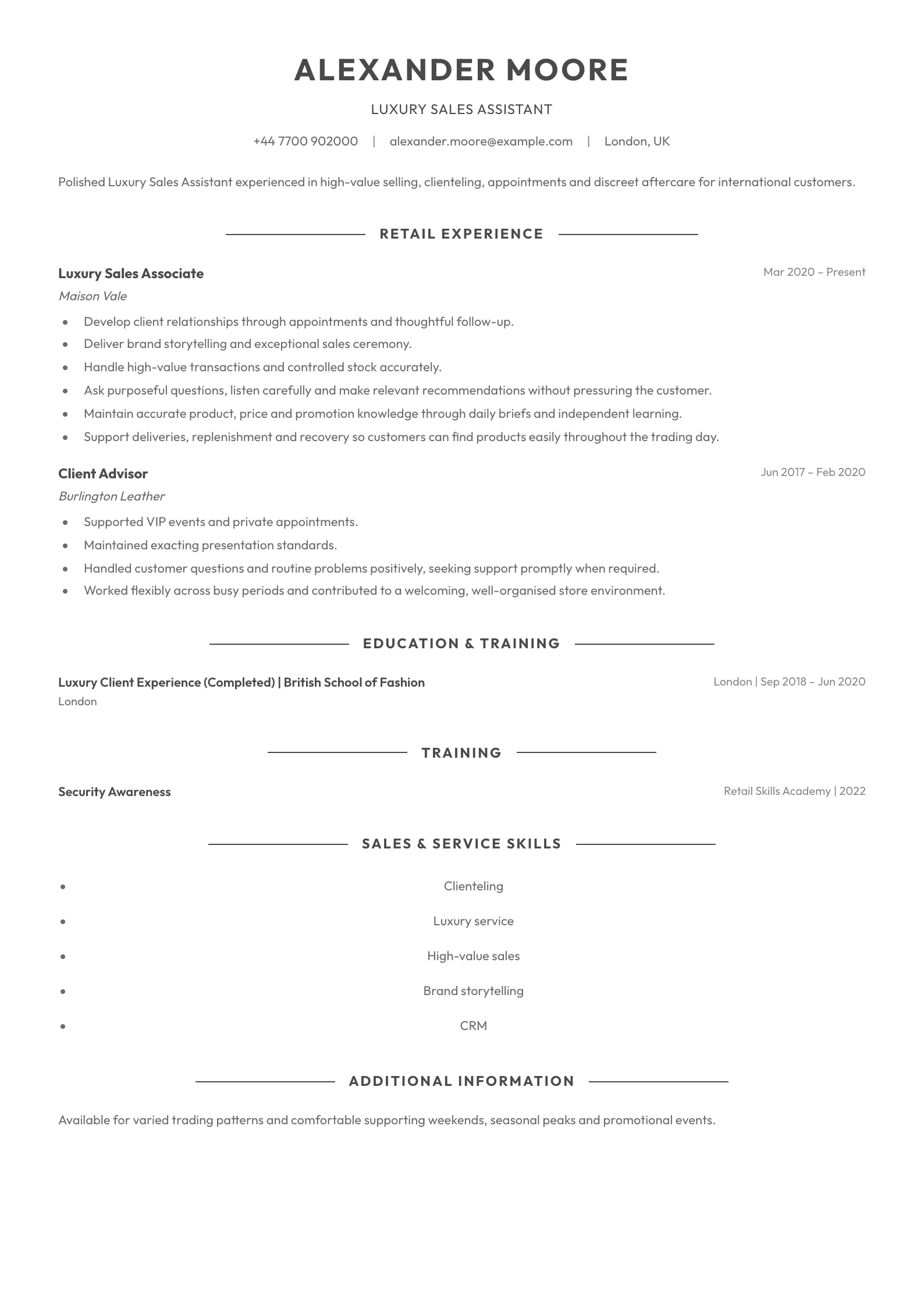 Luxury Sales Assistant CV template