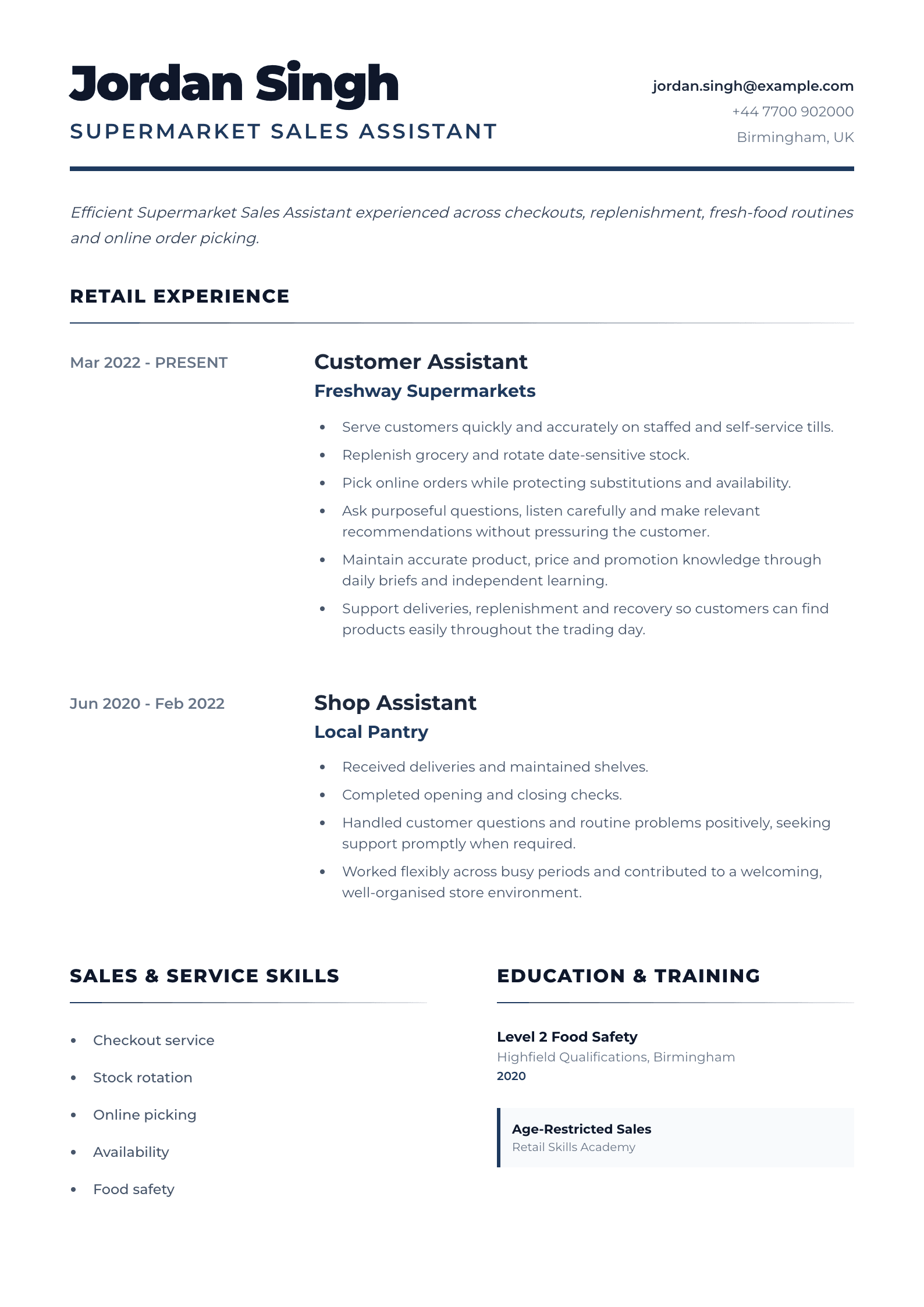 Supermarket Sales Assistant CV template