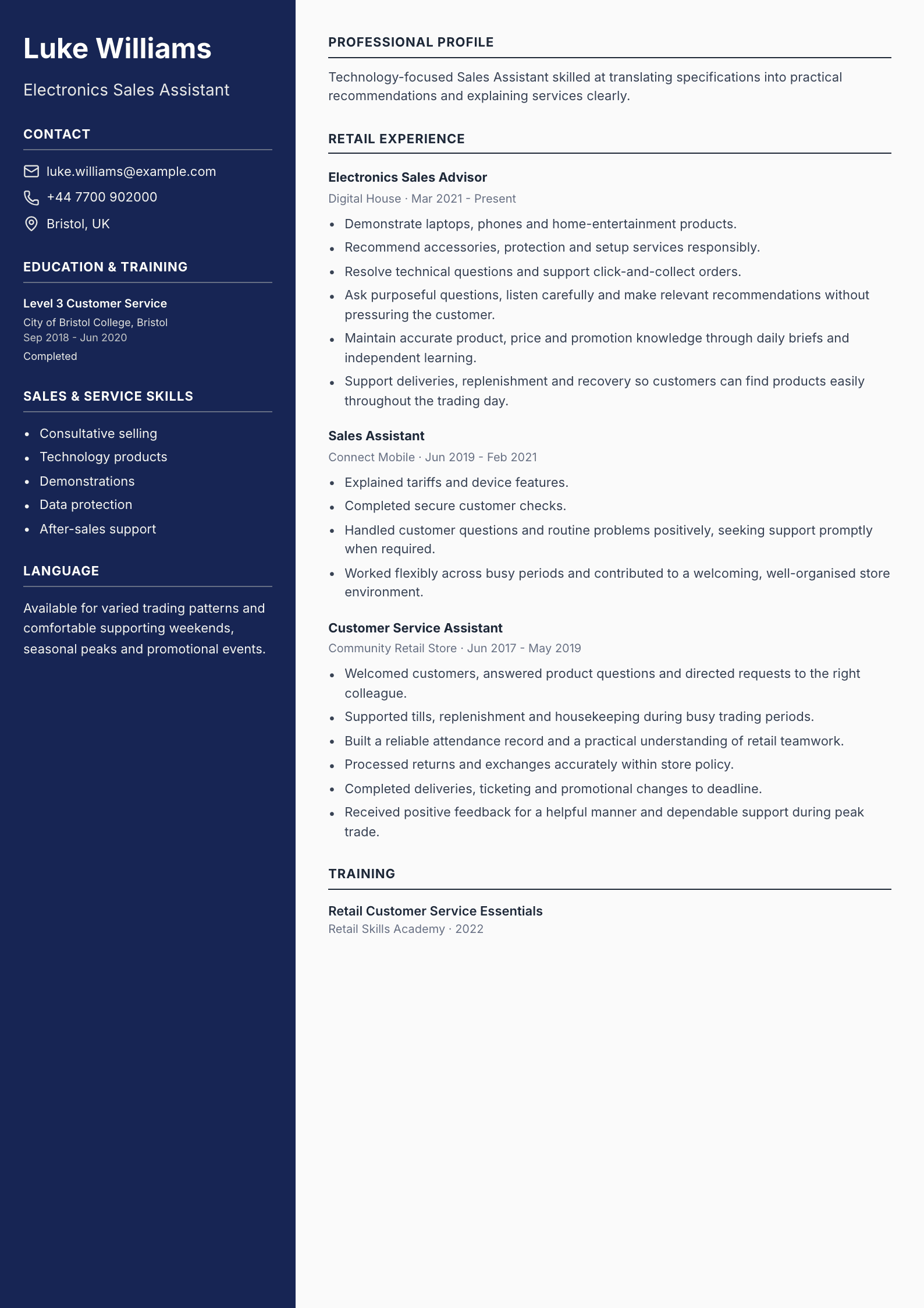 Electronics Sales Assistant CV template