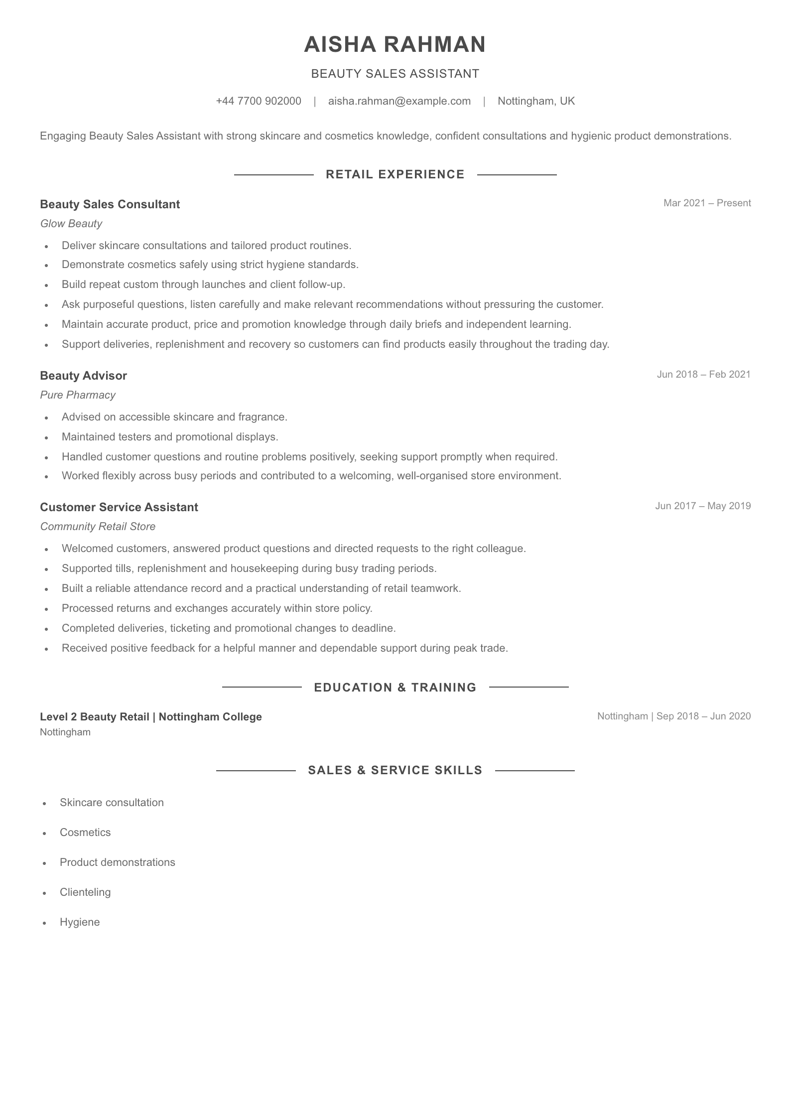 Beauty Sales Assistant CV template