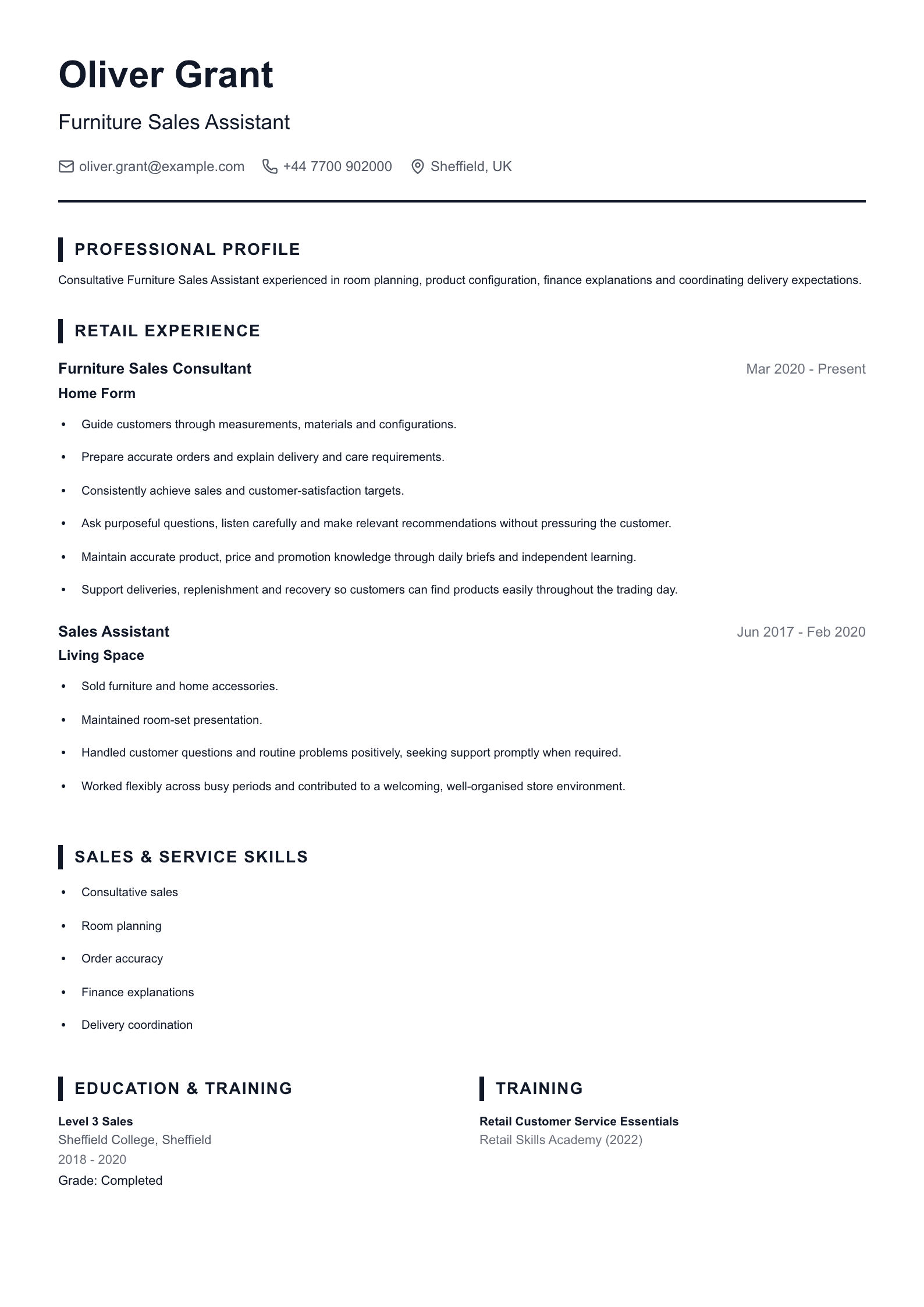 Furniture Sales Assistant CV template