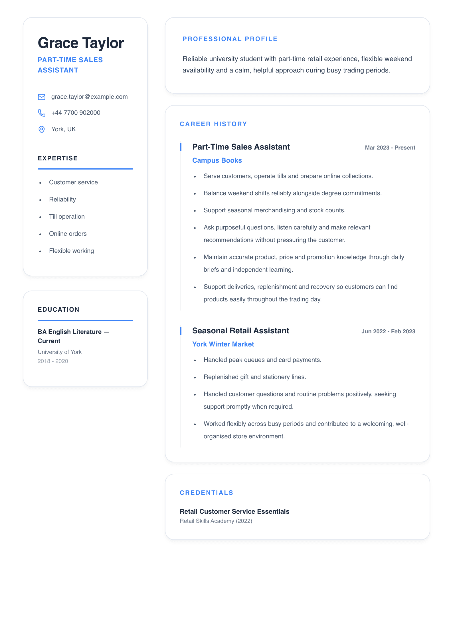 Part-Time Sales Assistant CV template