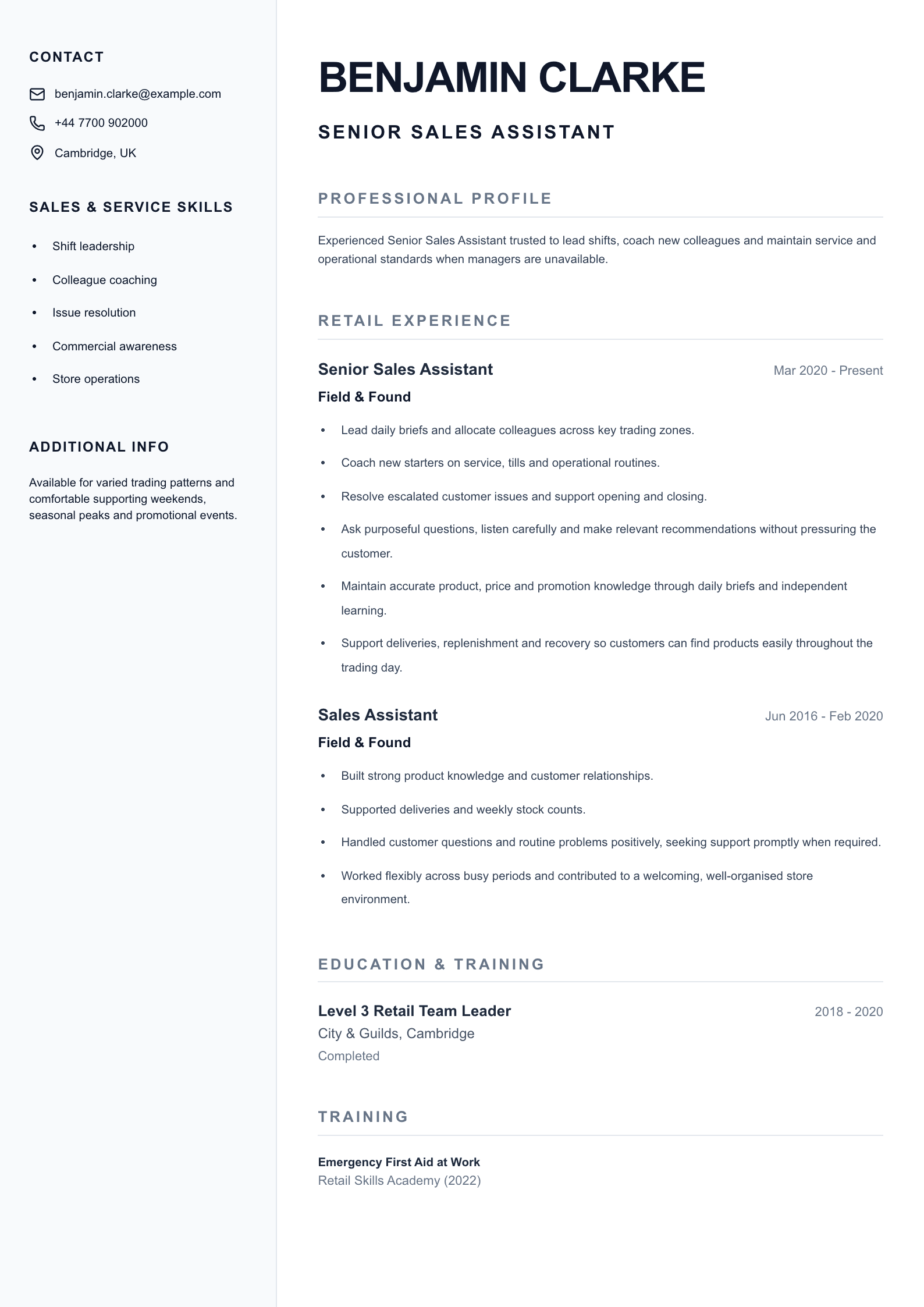 Senior Sales Assistant CV template