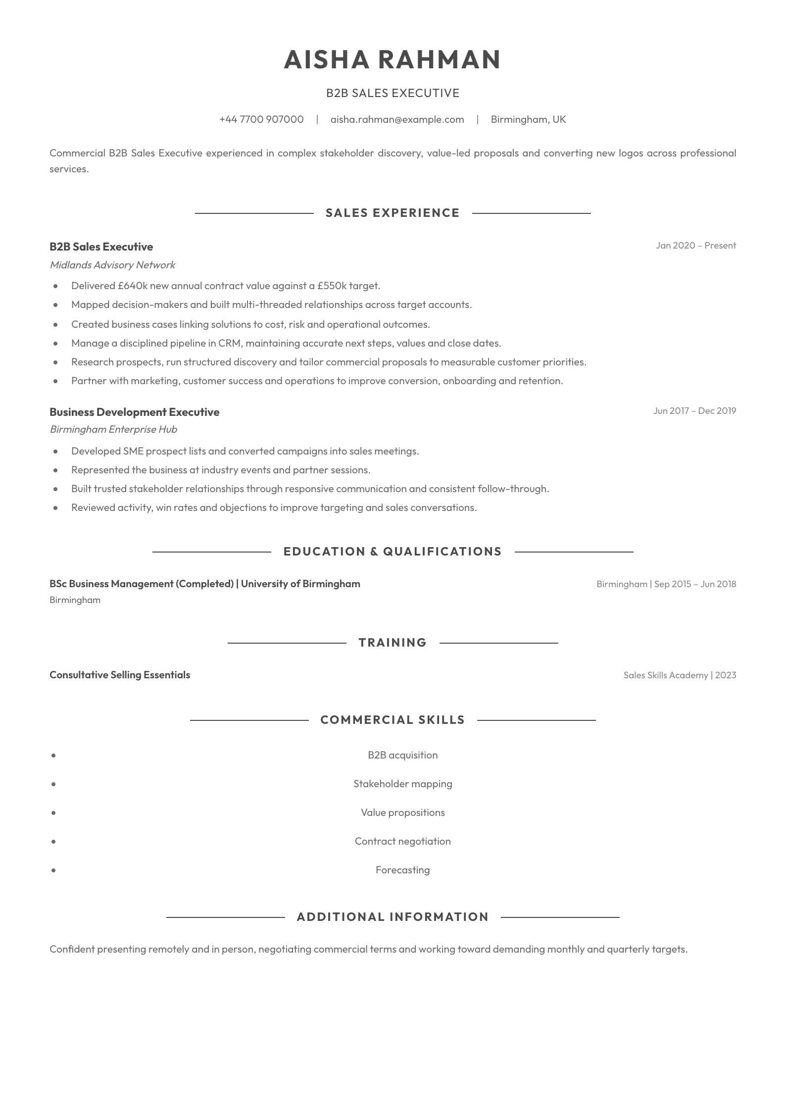 B2B Sales Executive CV template
