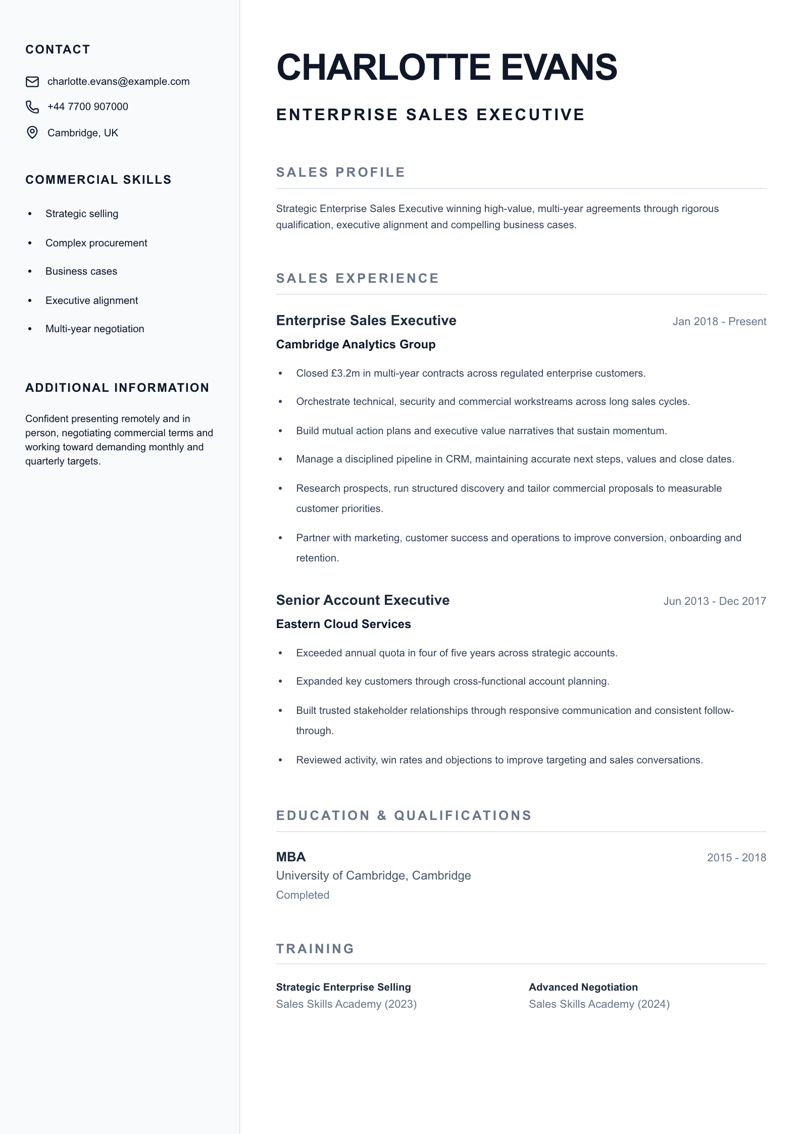 Enterprise Sales Executive CV template