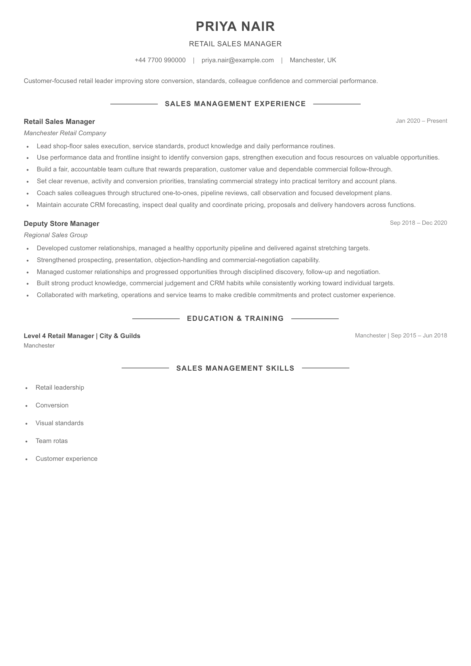 Retail Sales Manager CV template