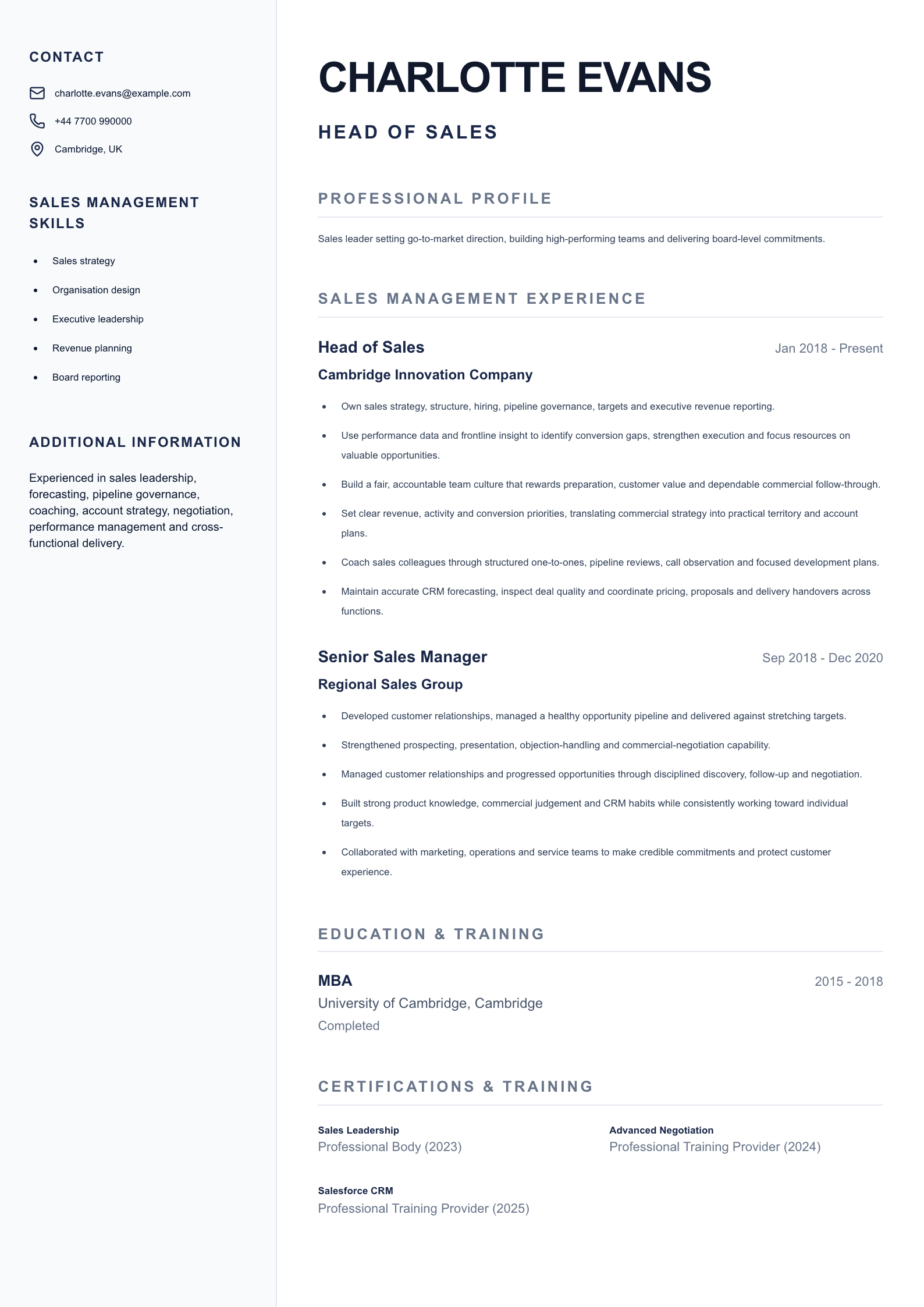 Head of Sales CV template