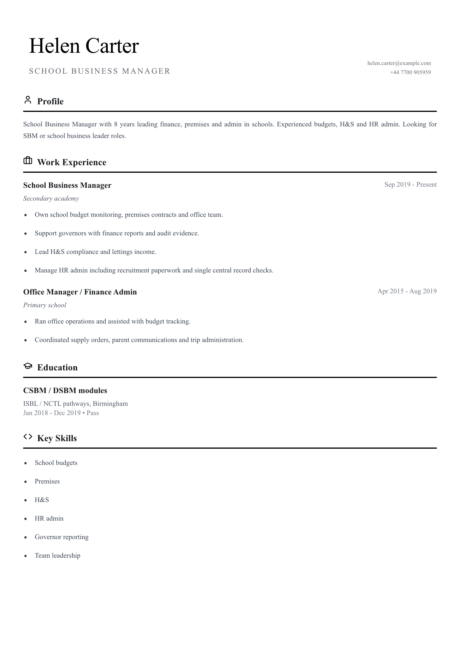 school business manager cv template