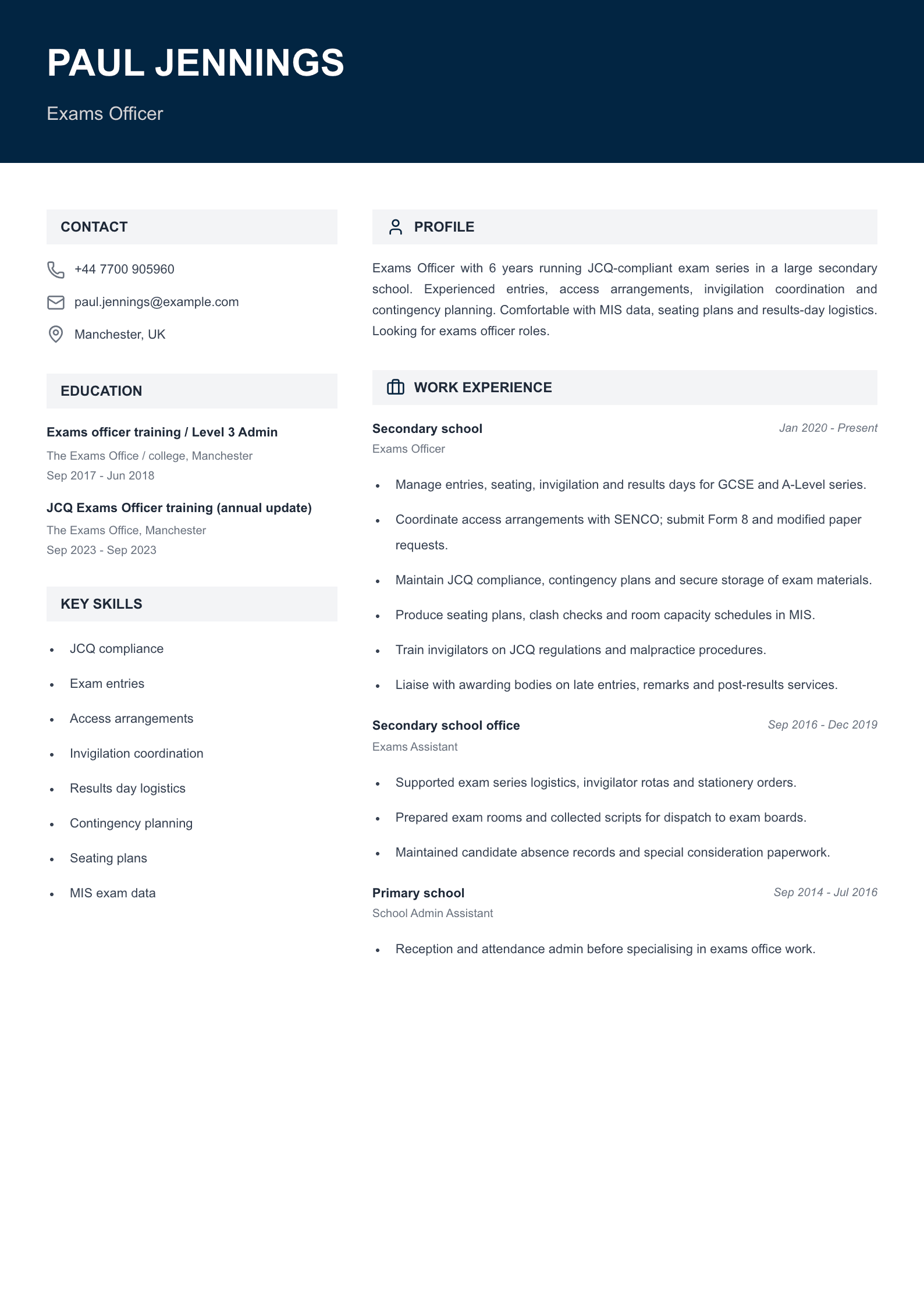 exams officer cv template