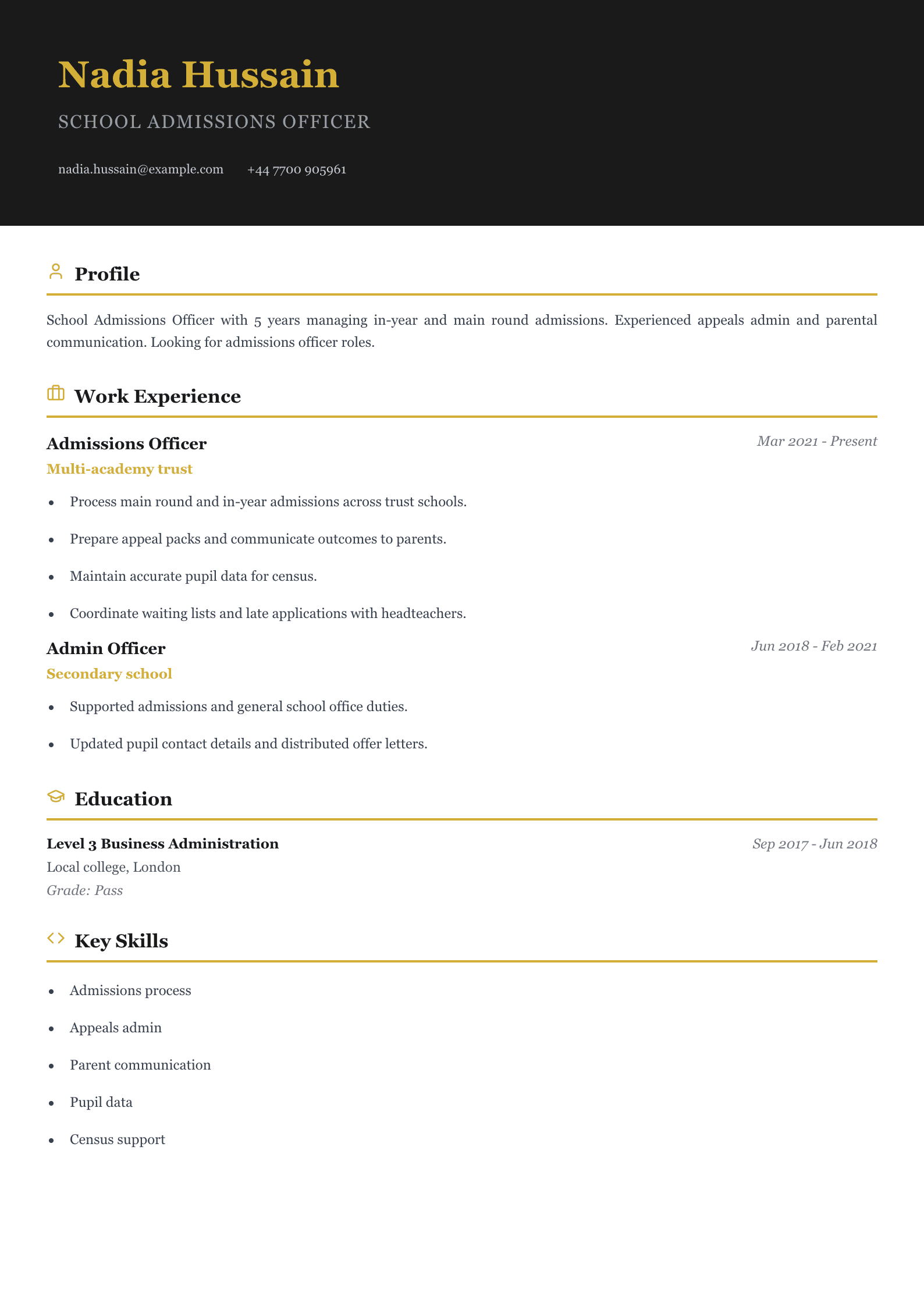 school admissions officer cv template