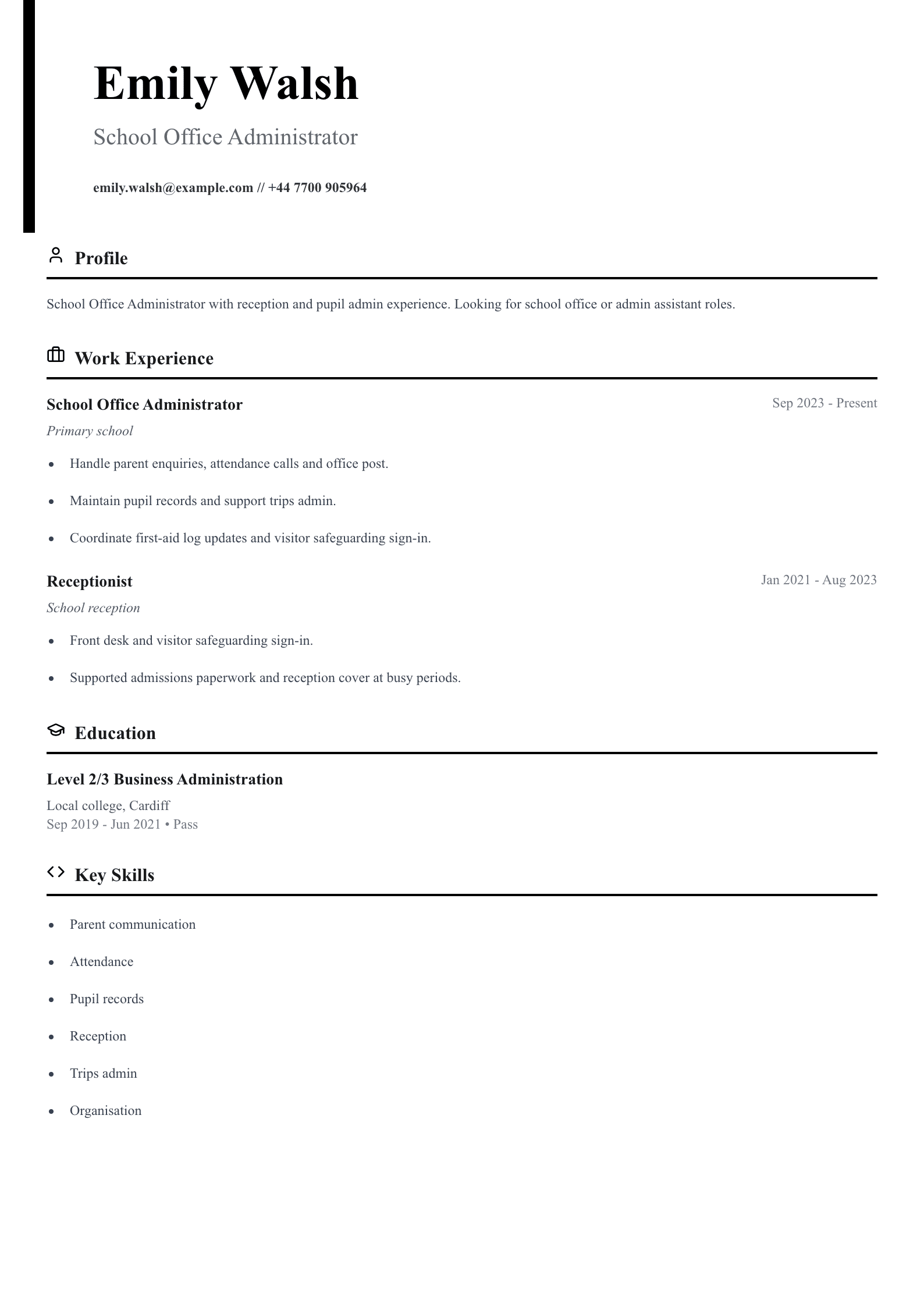 school office administrator cv template