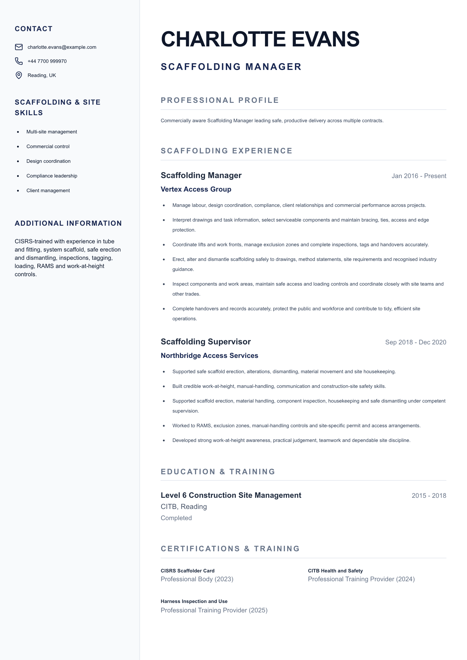 Scaffolding Manager CV template