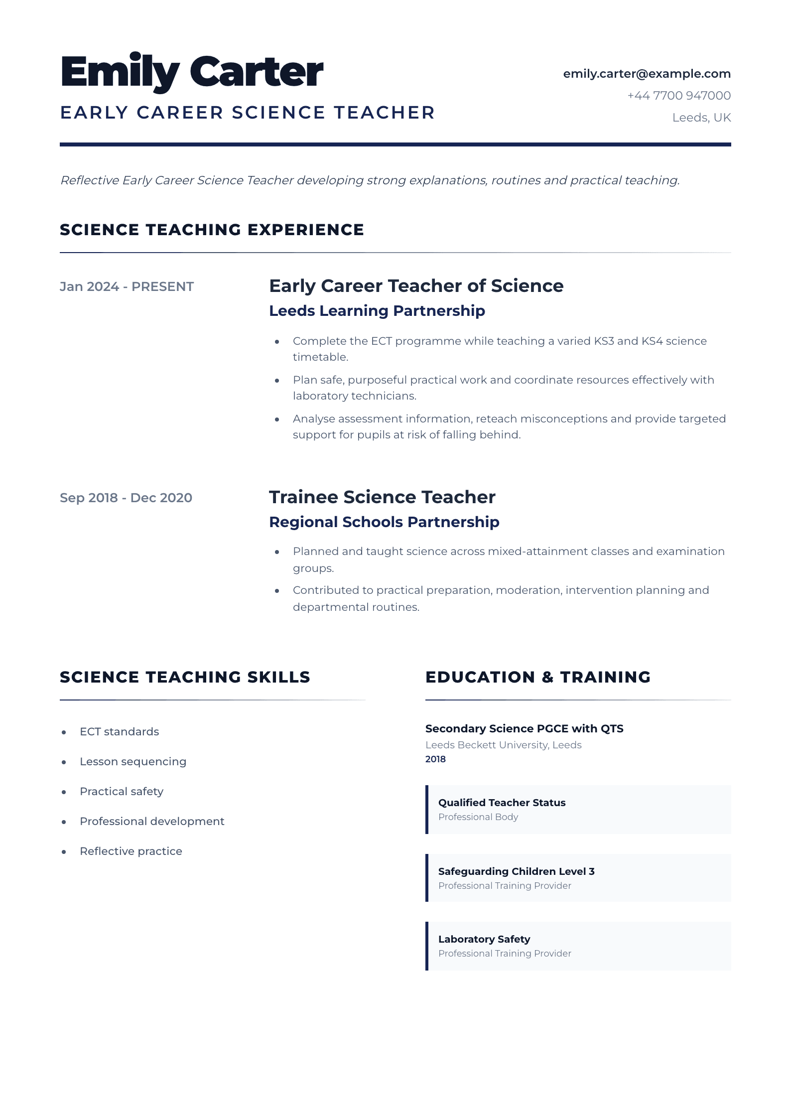 Early Career Science Teacher CV template