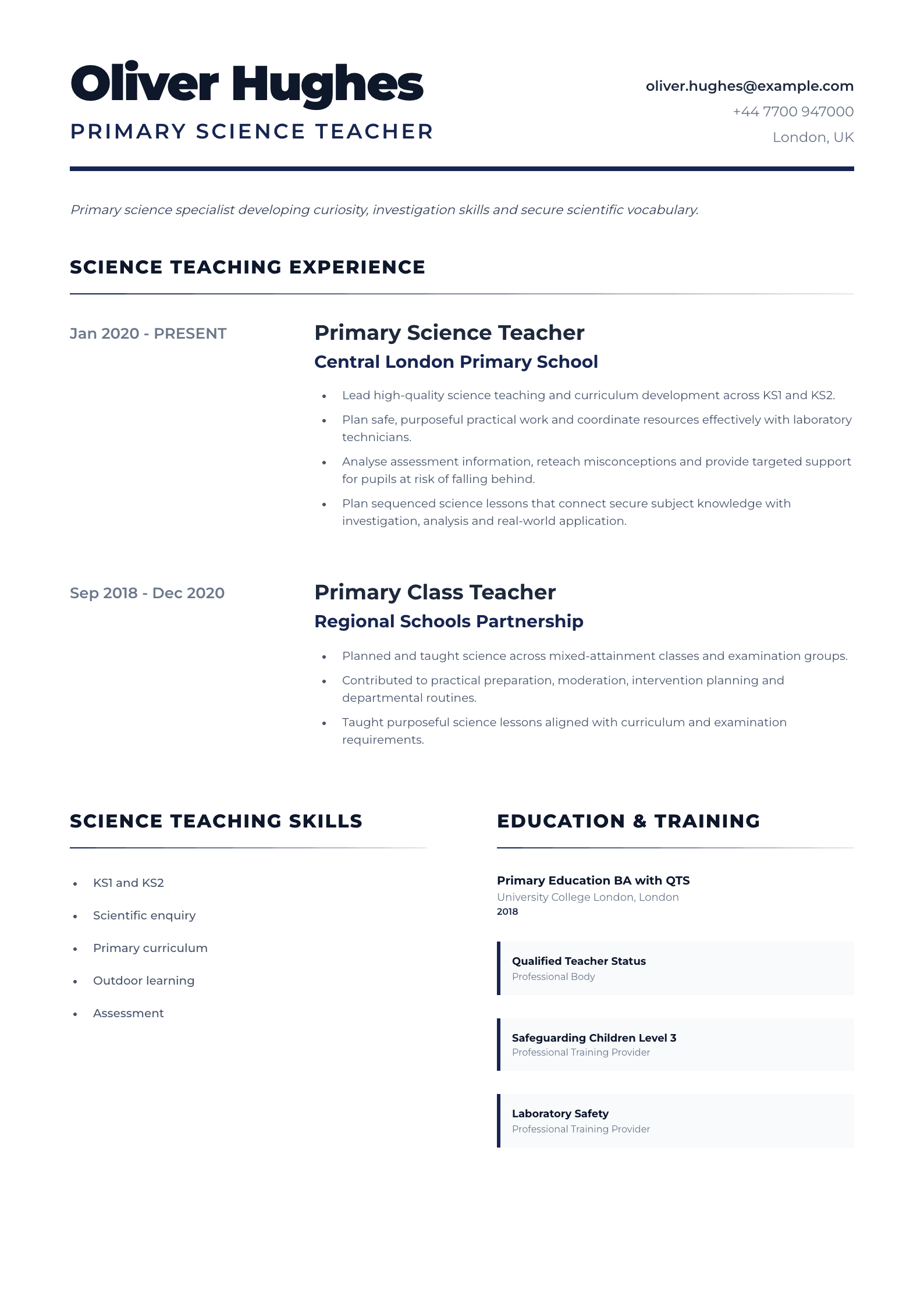 Primary Science Teacher CV template