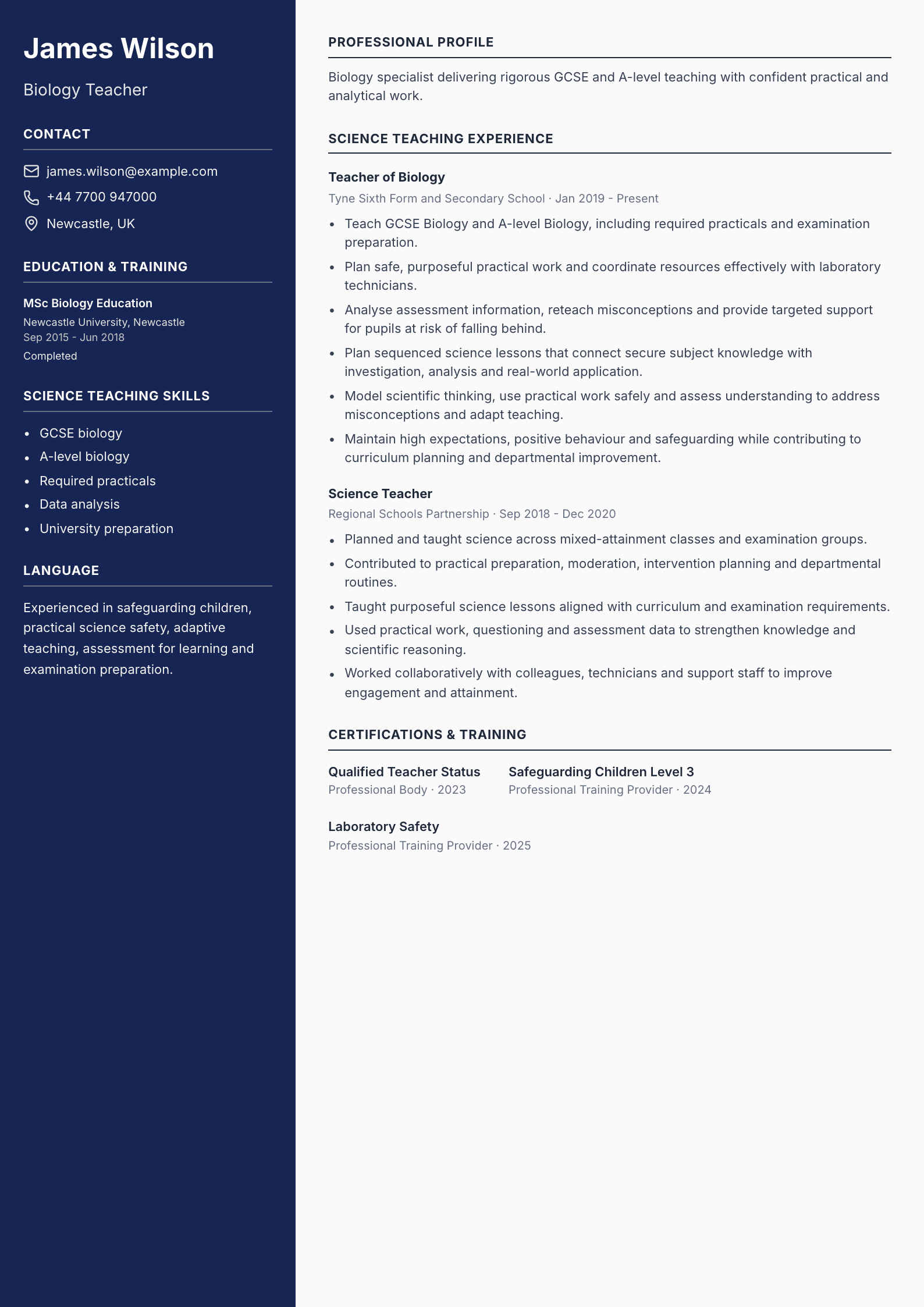 Biology Teacher CV template