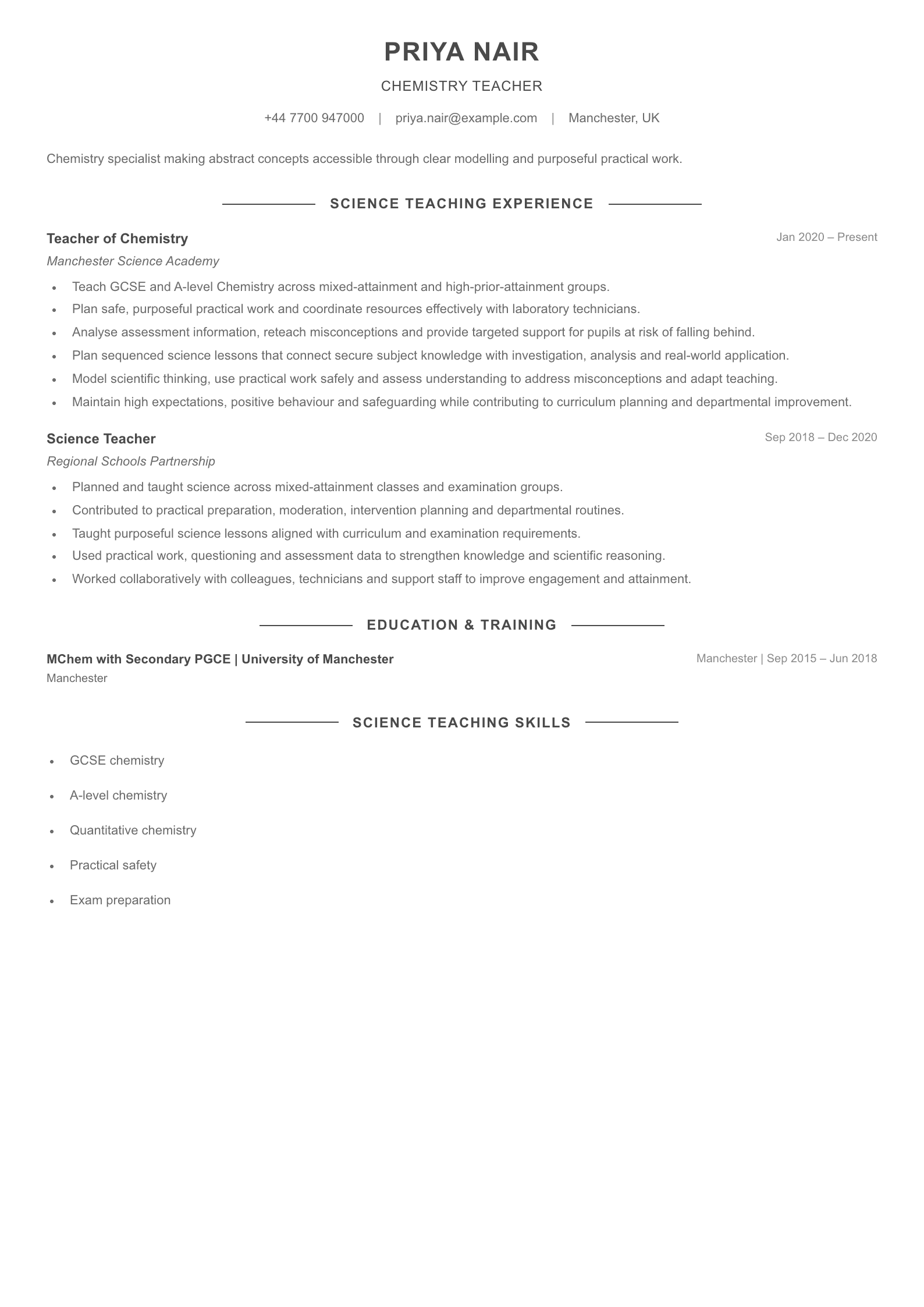Chemistry Teacher CV template