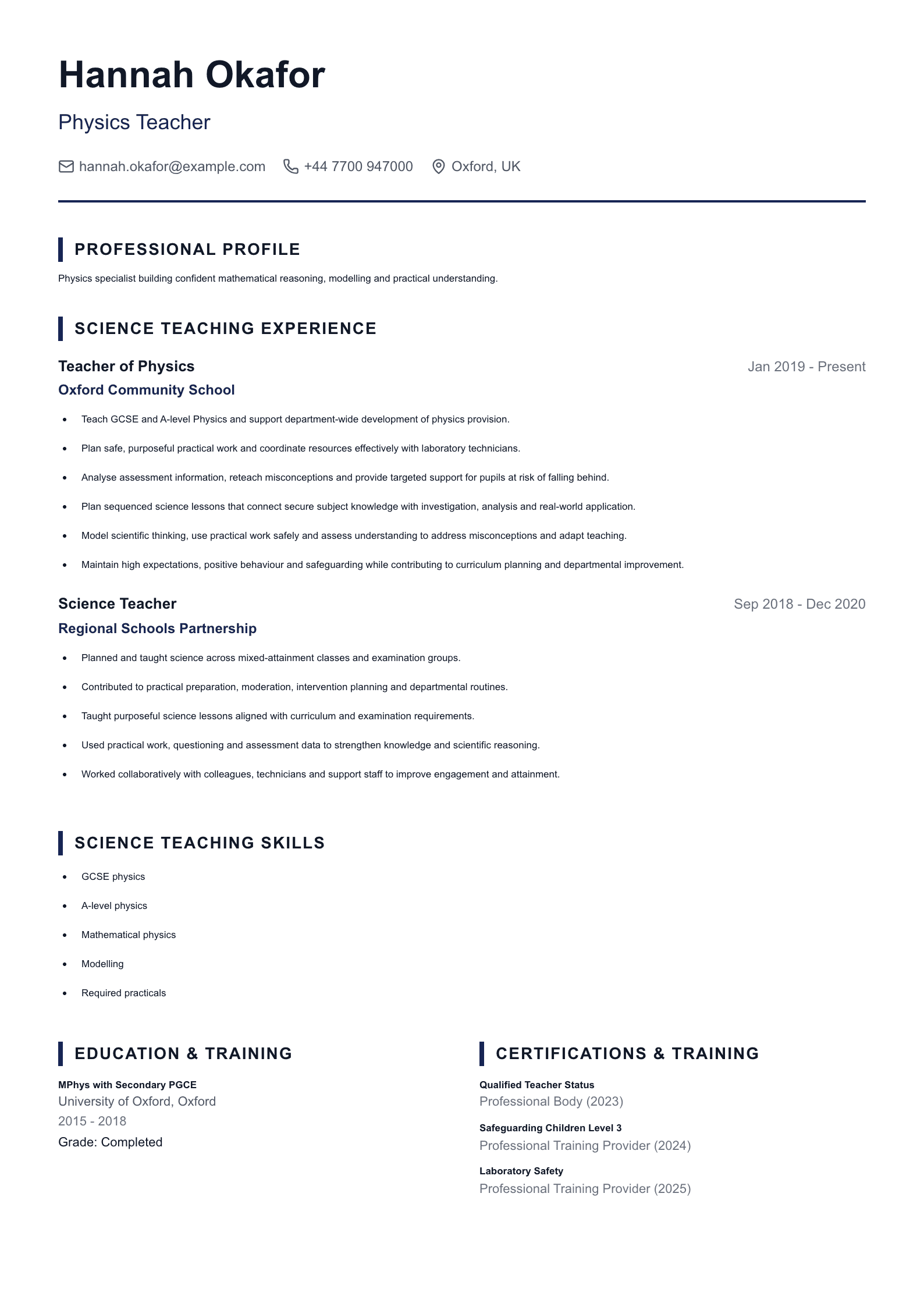 Physics Teacher CV template