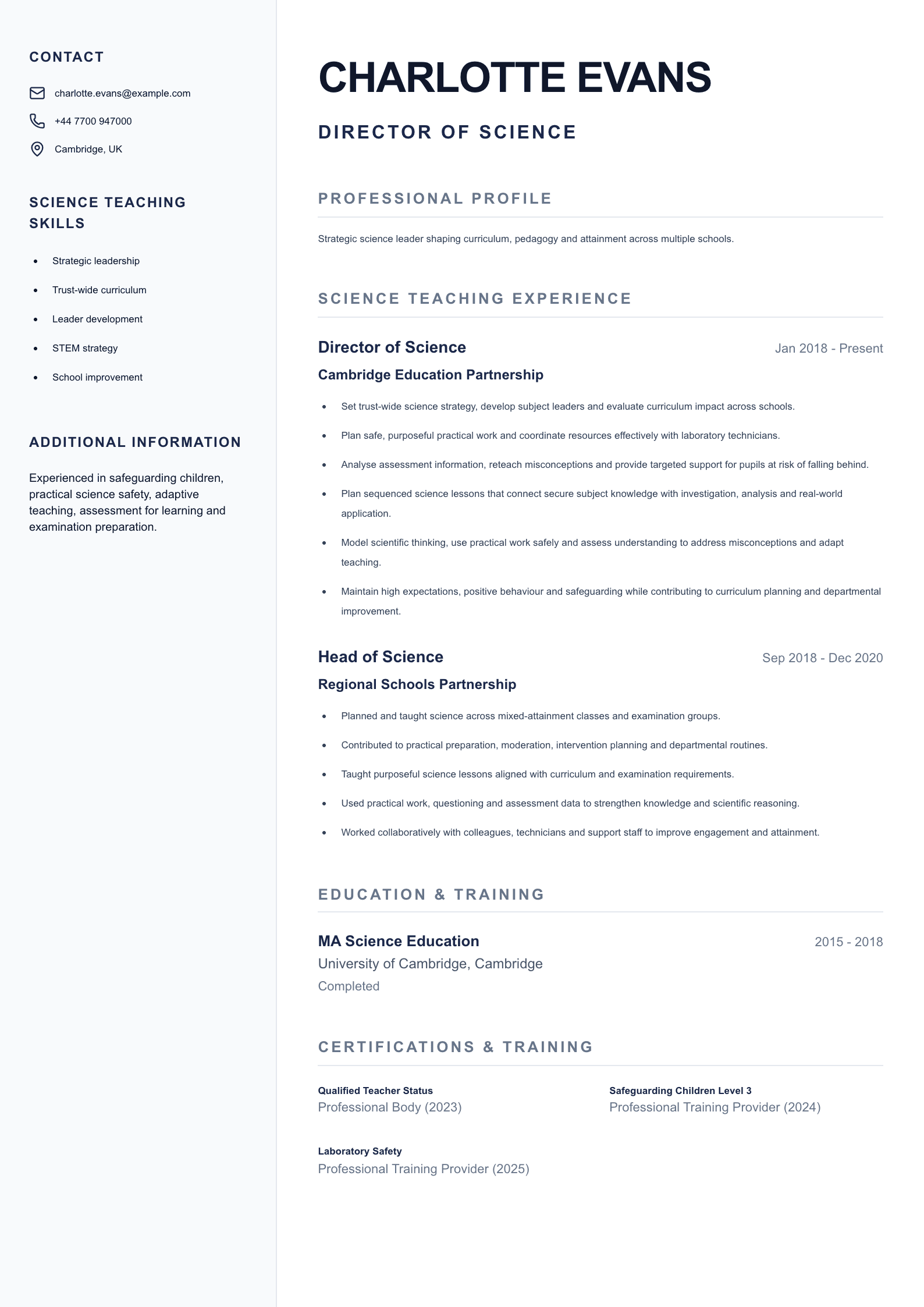 Director of Science CV template