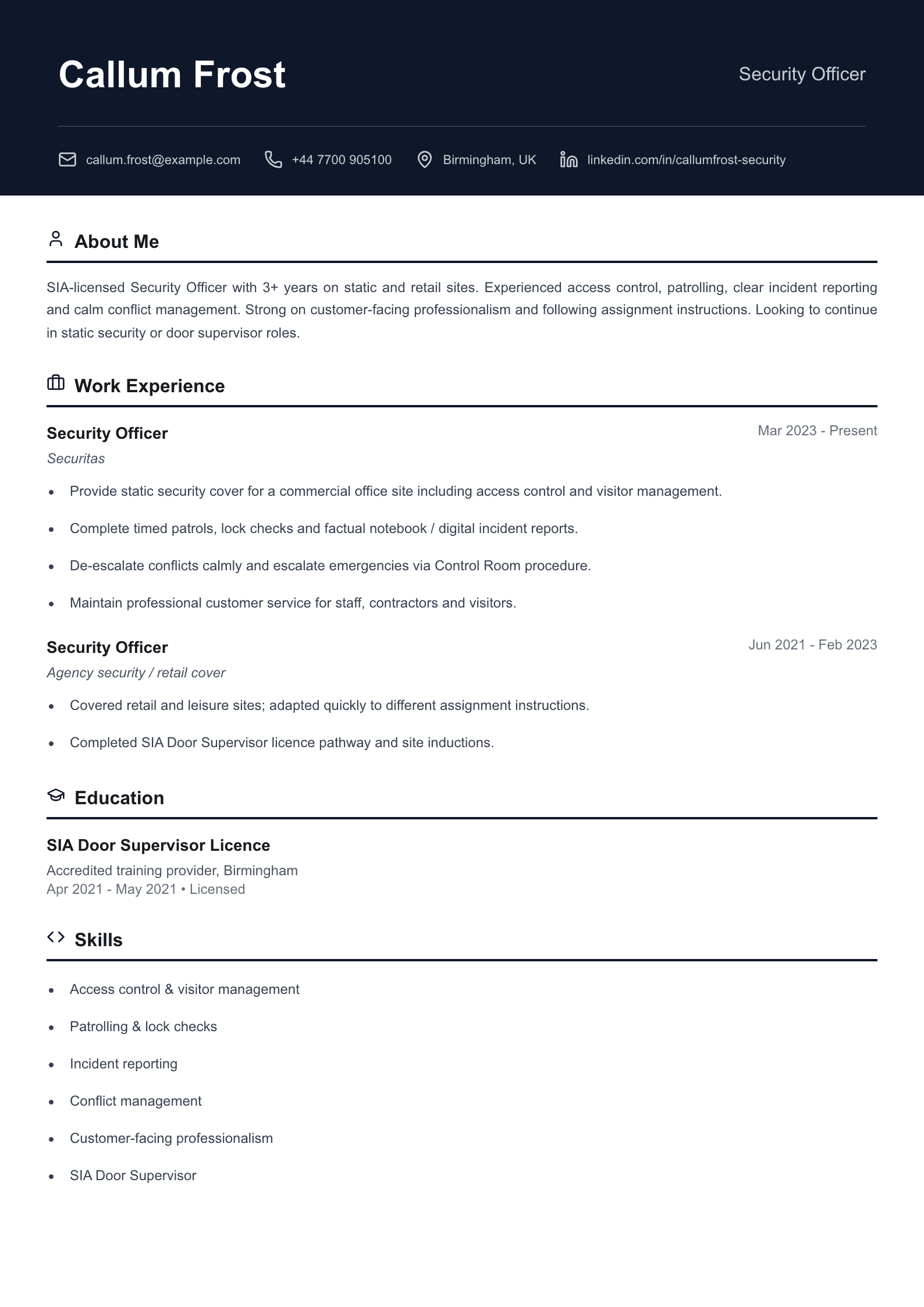 Security officer CV template