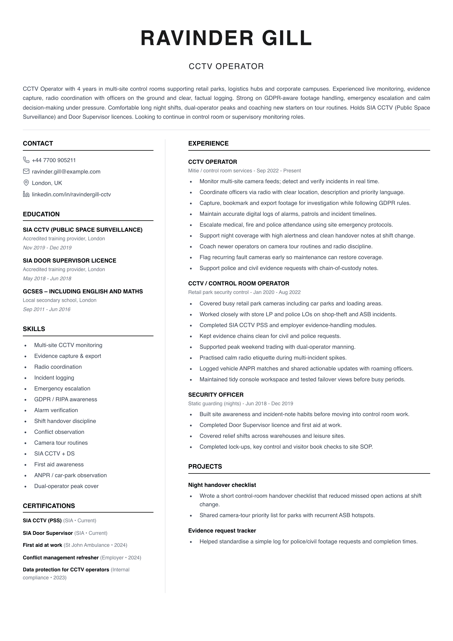 CCTV operator cv template