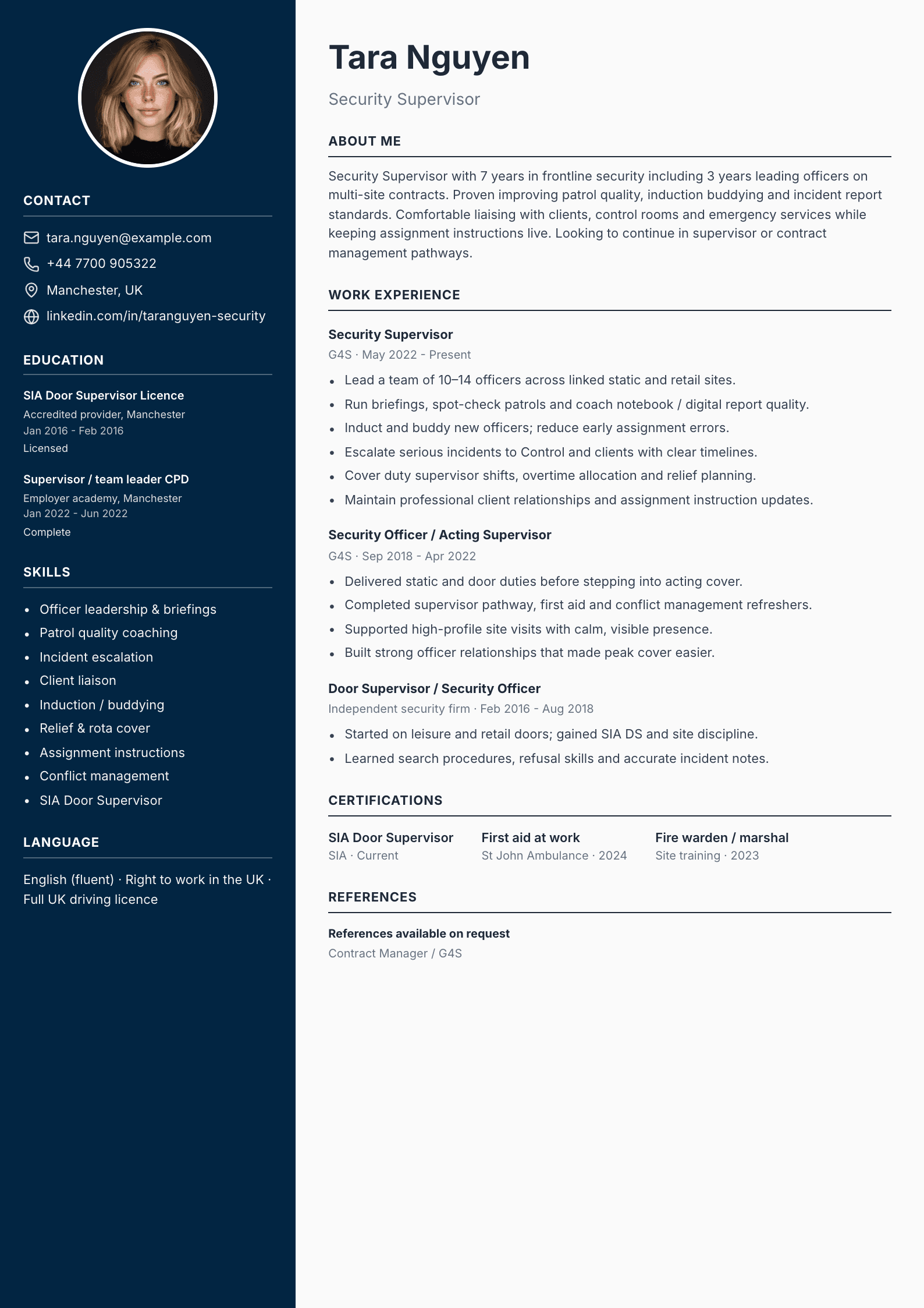 Security supervisor CV template