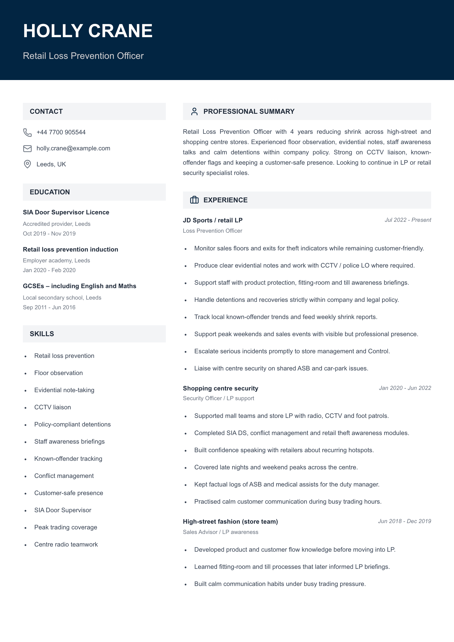 Retail loss prevention CV template