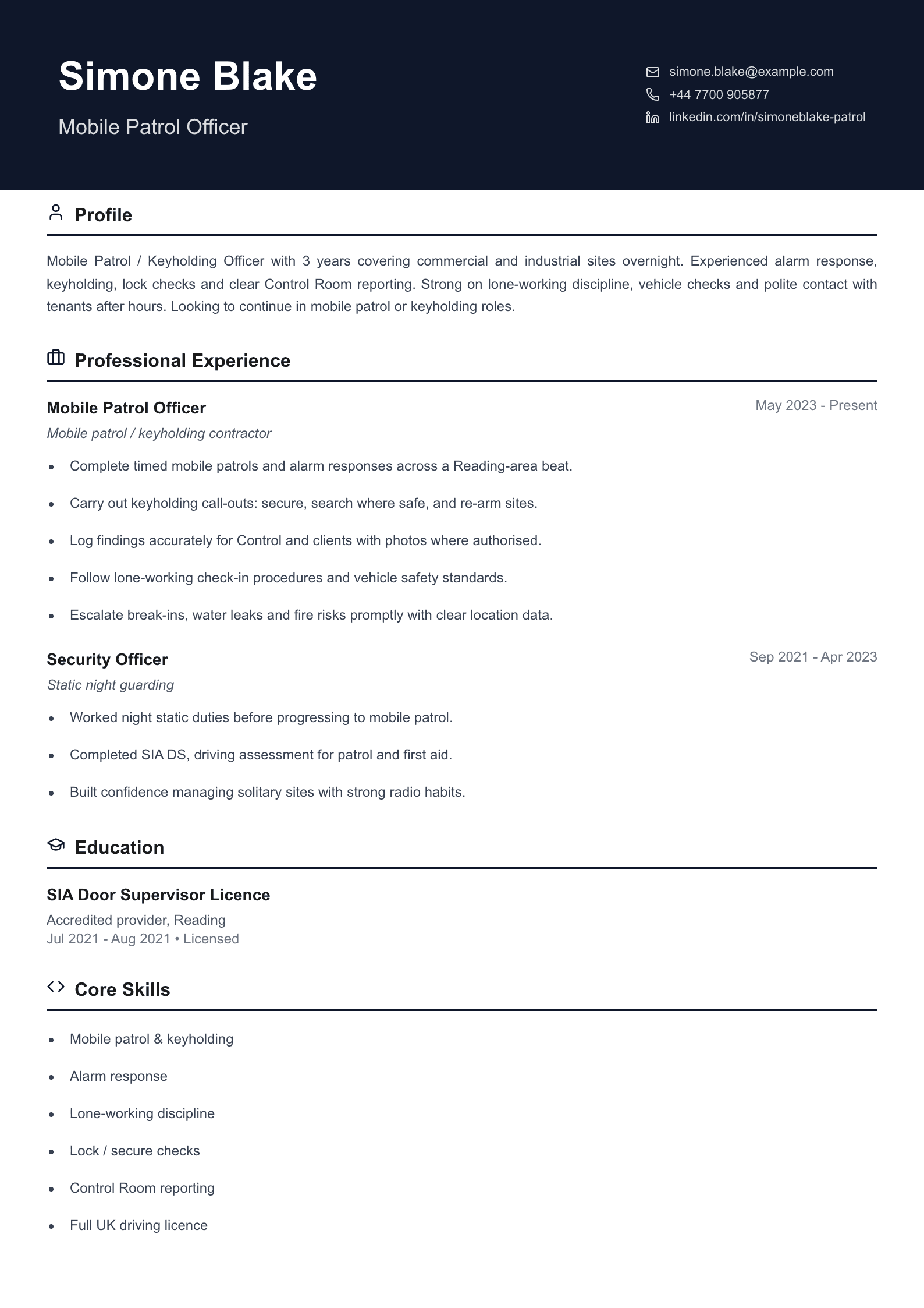 mobile patrol security officer cv template